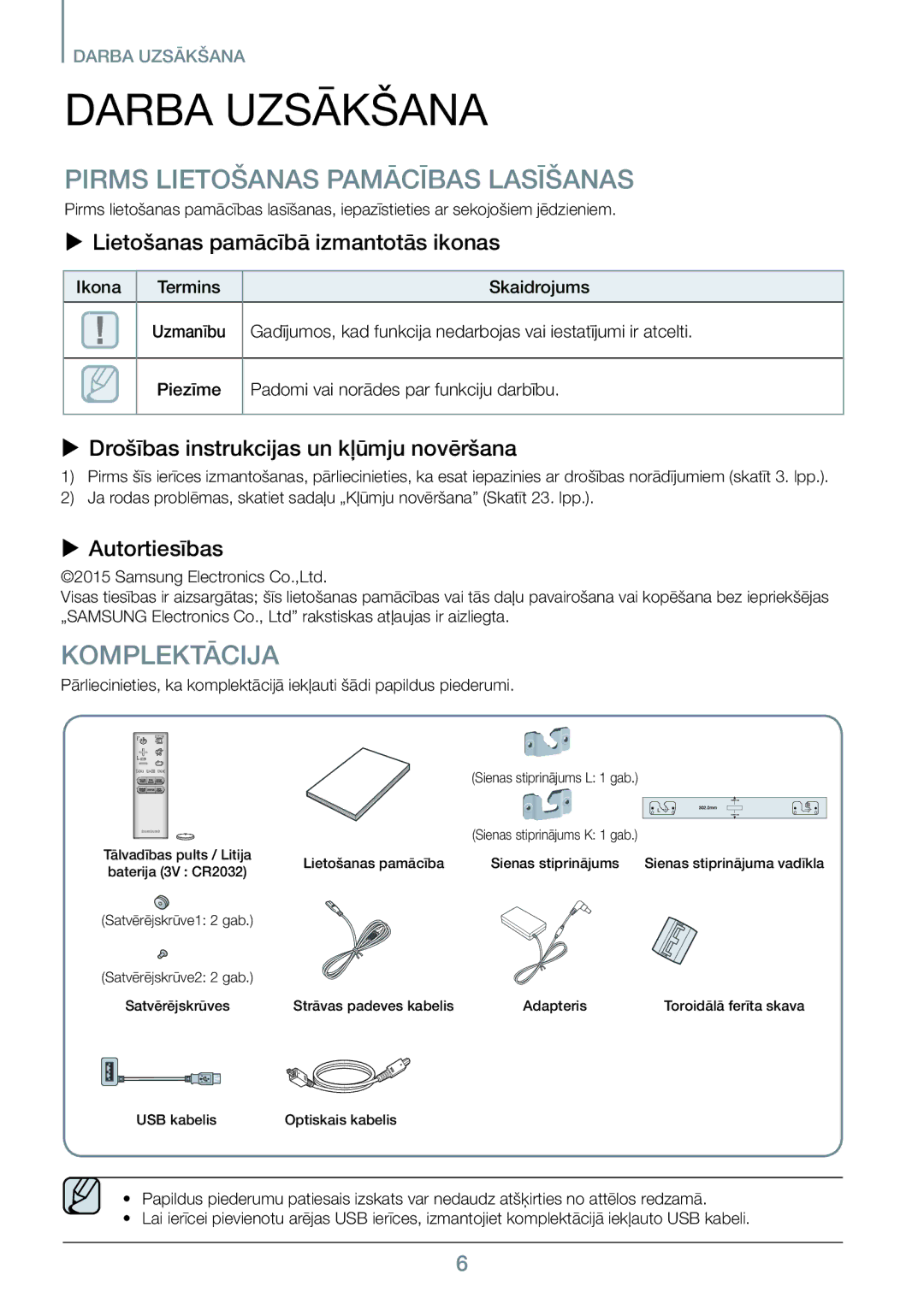 Samsung HW-J551/EN, HW-J550/EN manual Darba Uzsākšana, Pirms Lietošanas Pamācības Lasīšanas, Komplektācija 