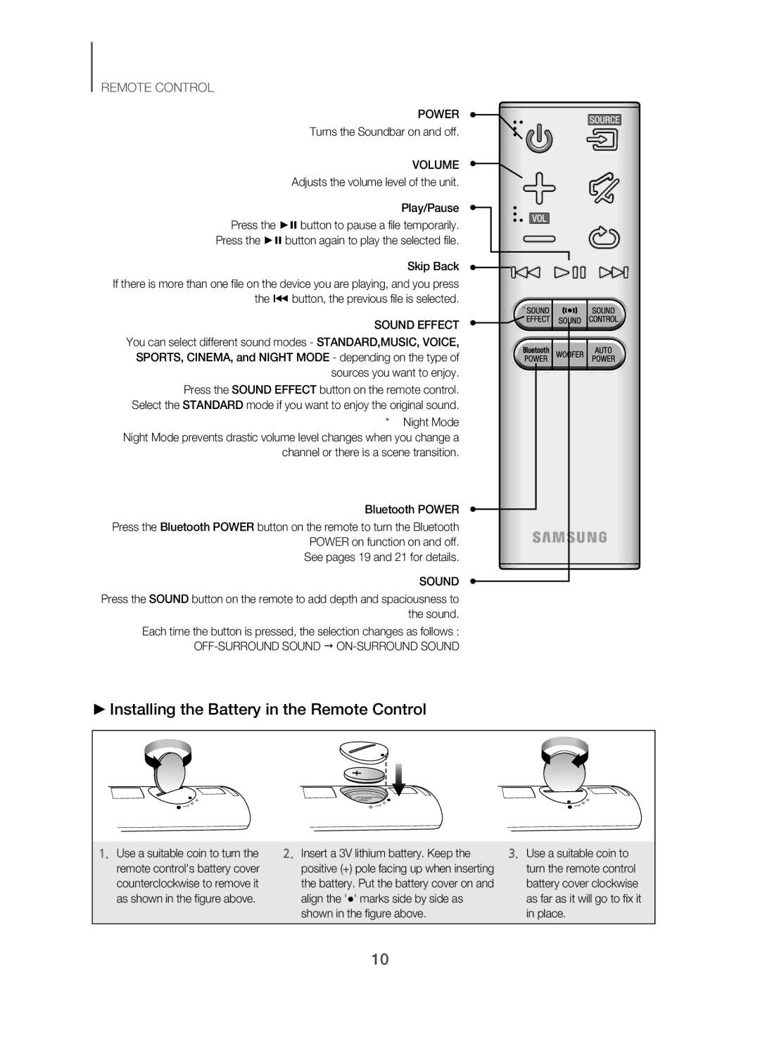 Samsung HW-J551/SQ manual Installing the Battery in the Remote Control, Turns the Soundbar on and off 