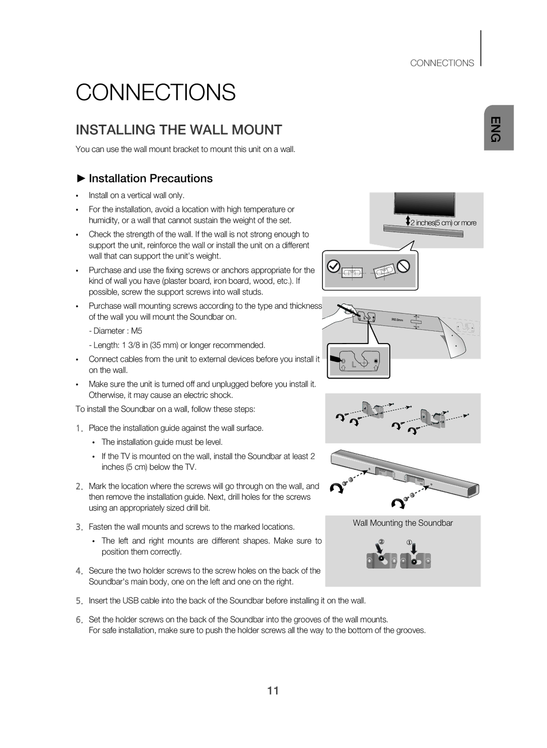 Samsung HW-J551/SQ manual Connections, Installing the Wall Mount, Installation Precautions 