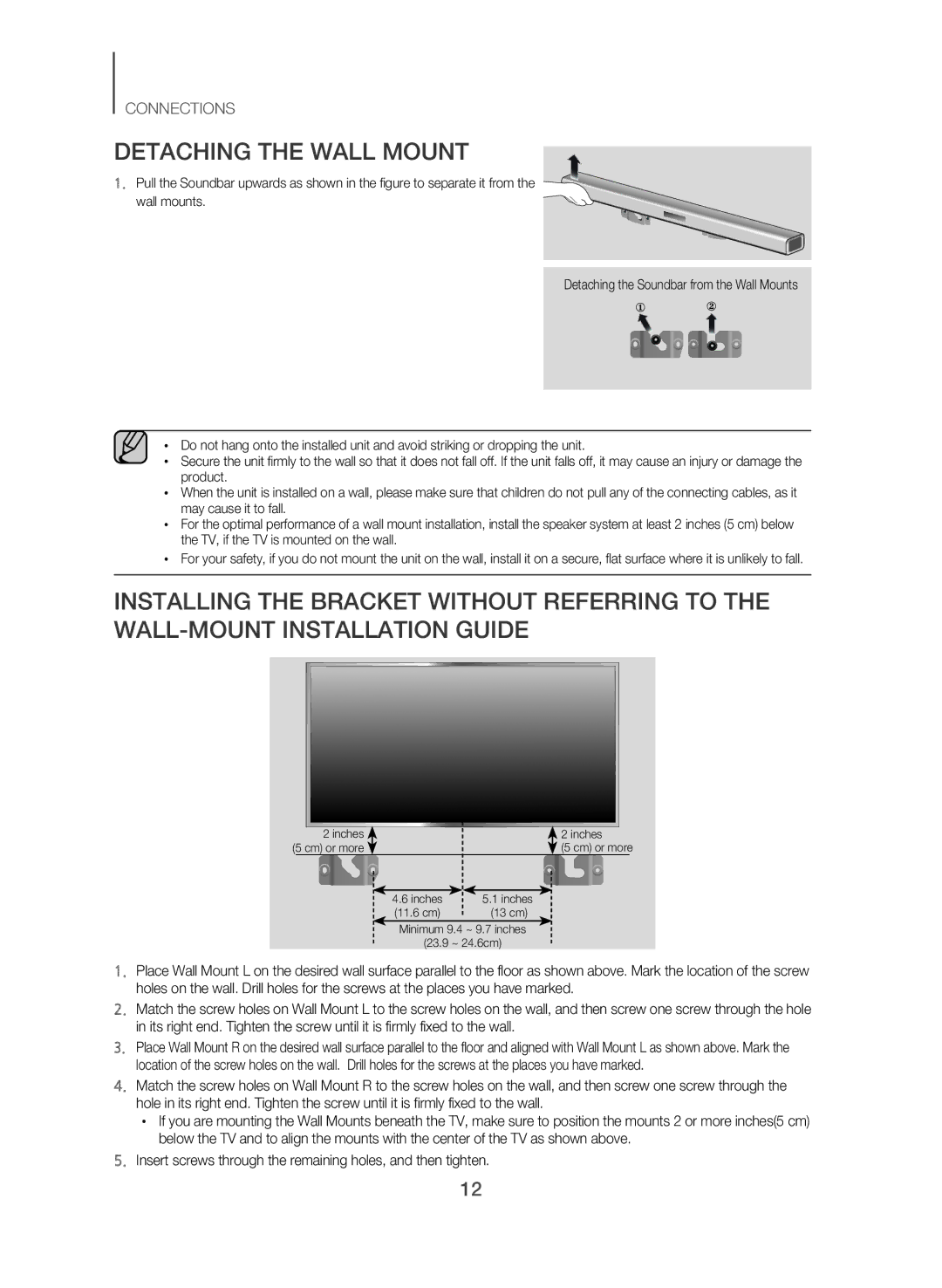 Samsung HW-J551/SQ manual Detaching the Wall Mount, Insert screws through the remaining holes, and then tighten 