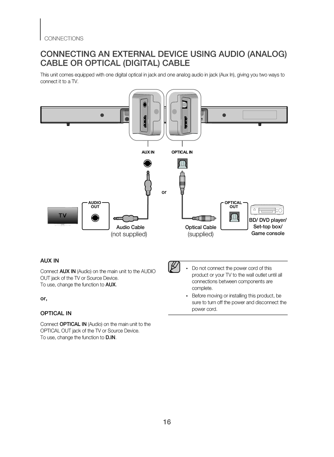 Samsung HW-J551/SQ manual Audio Cable, To use, change the function to D.IN 