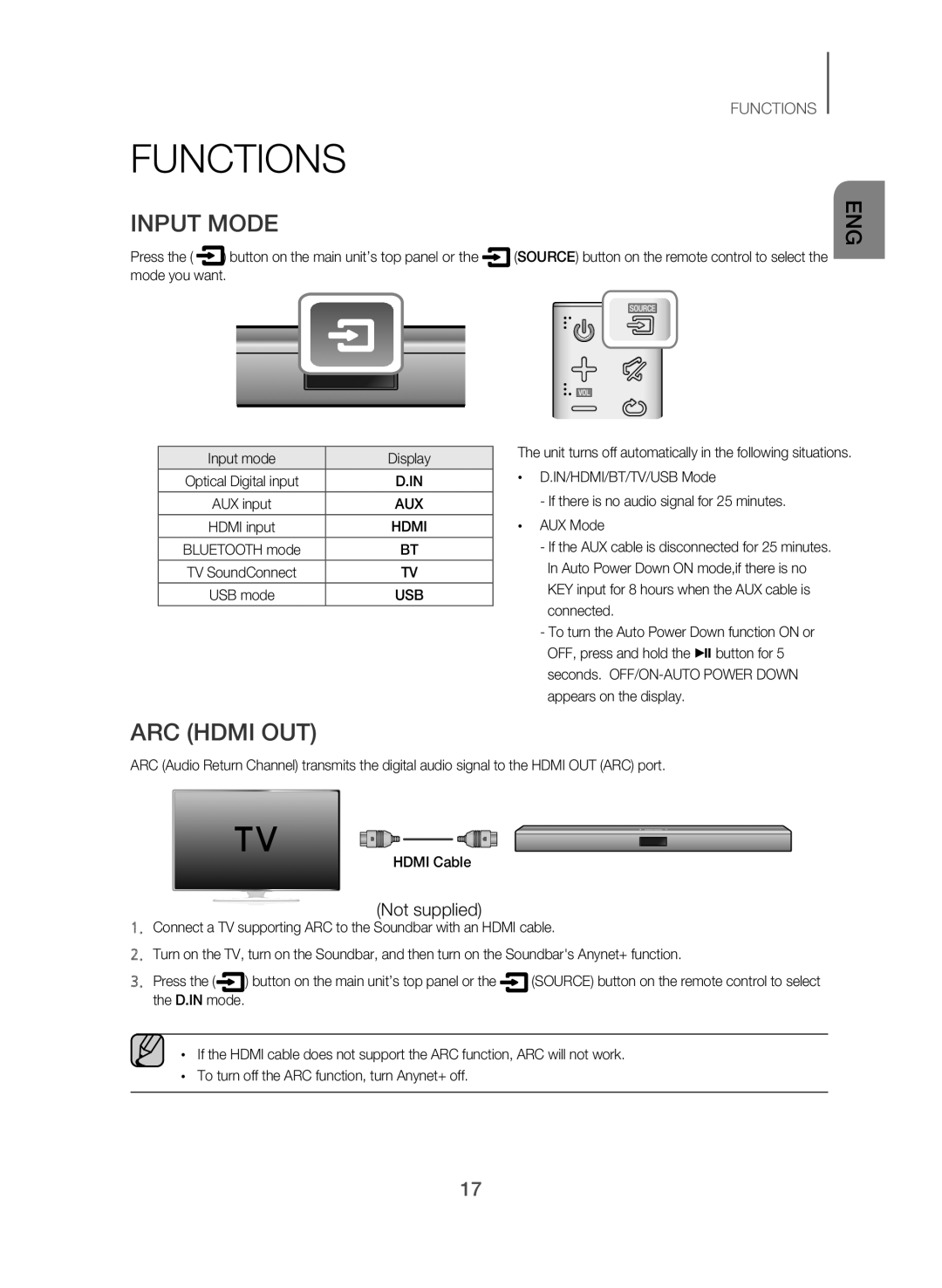 Samsung HW-J551/SQ manual Functions, Input Mode, ARC Hdmi OUT, Input mode Display 