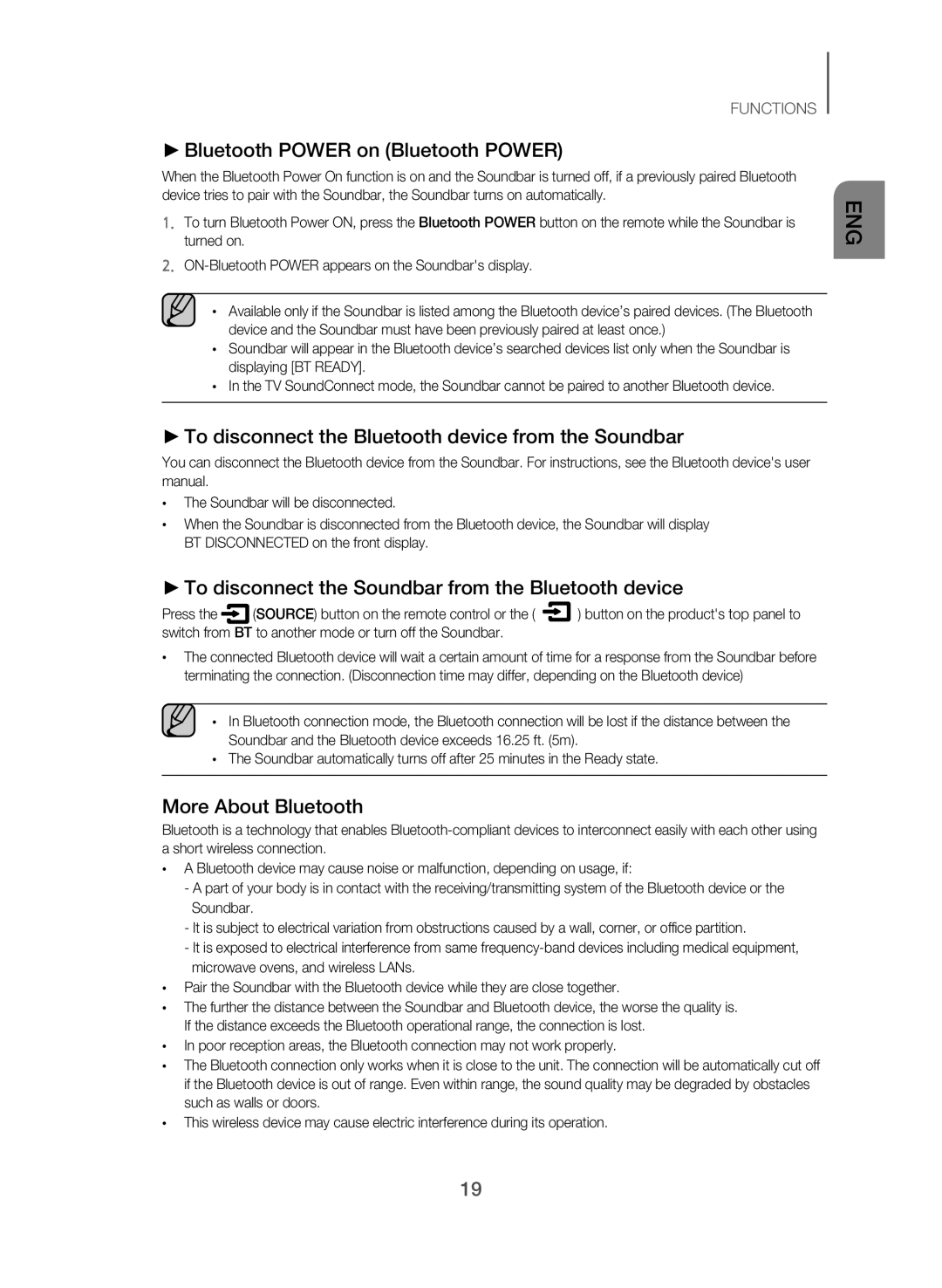 Samsung HW-J551/SQ manual Bluetooth Power on Bluetooth Power, To disconnect the Bluetooth device from the Soundbar 