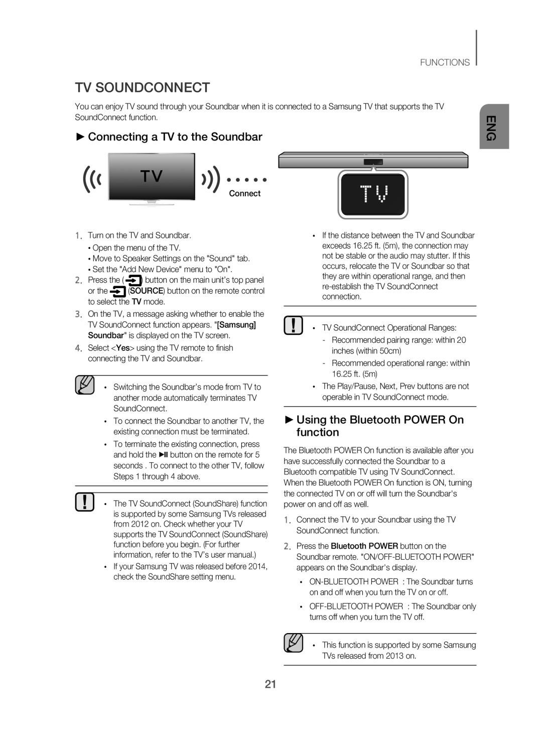 Samsung HW-J551/SQ manual TV Soundconnect, Connecting a TV to the Soundbar, Using the Bluetooth Power On function 