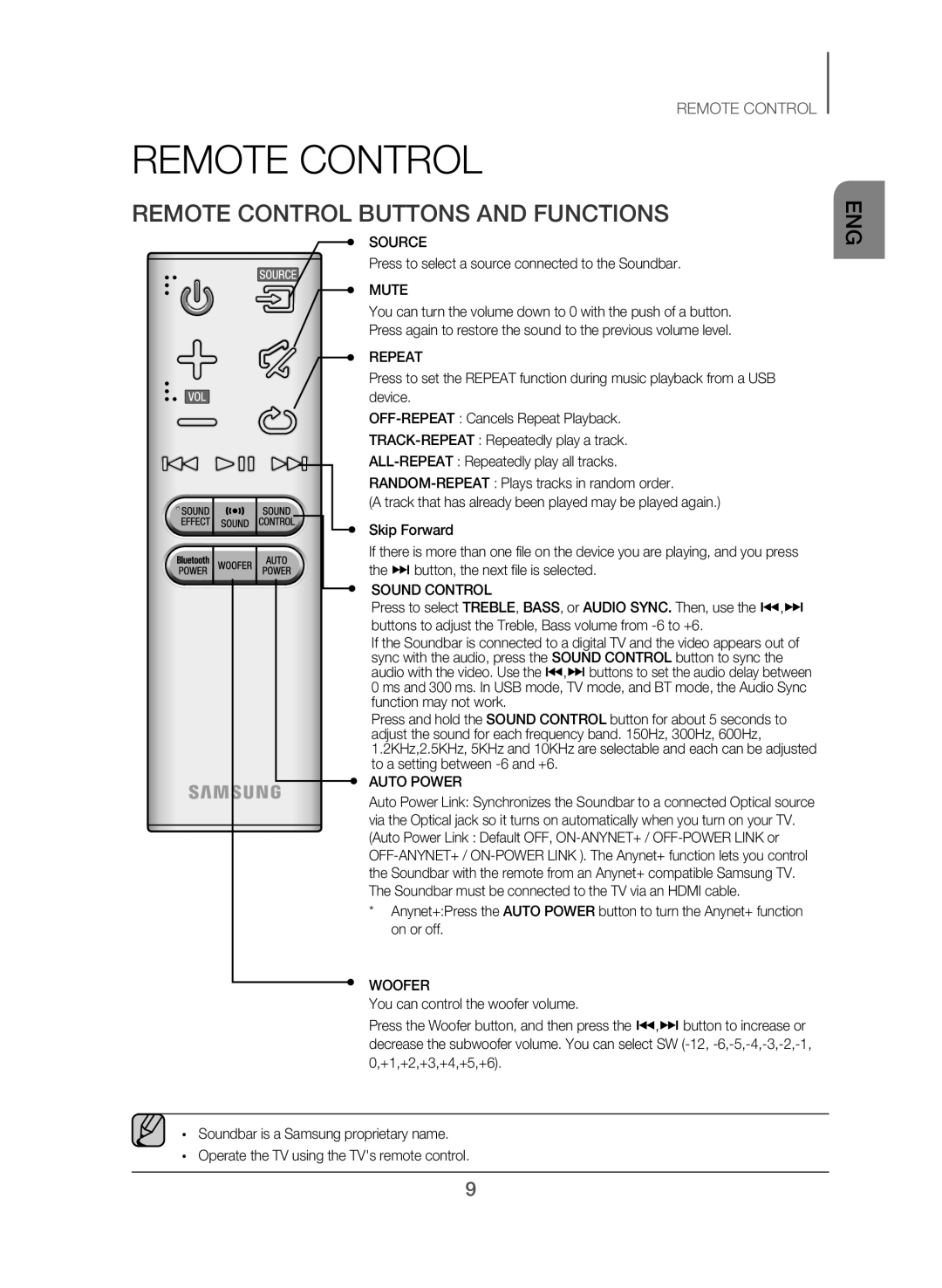 Samsung HW-J551/SQ manual Remote Control Buttons and Functions, Press to select a source connected to the Soundbar 