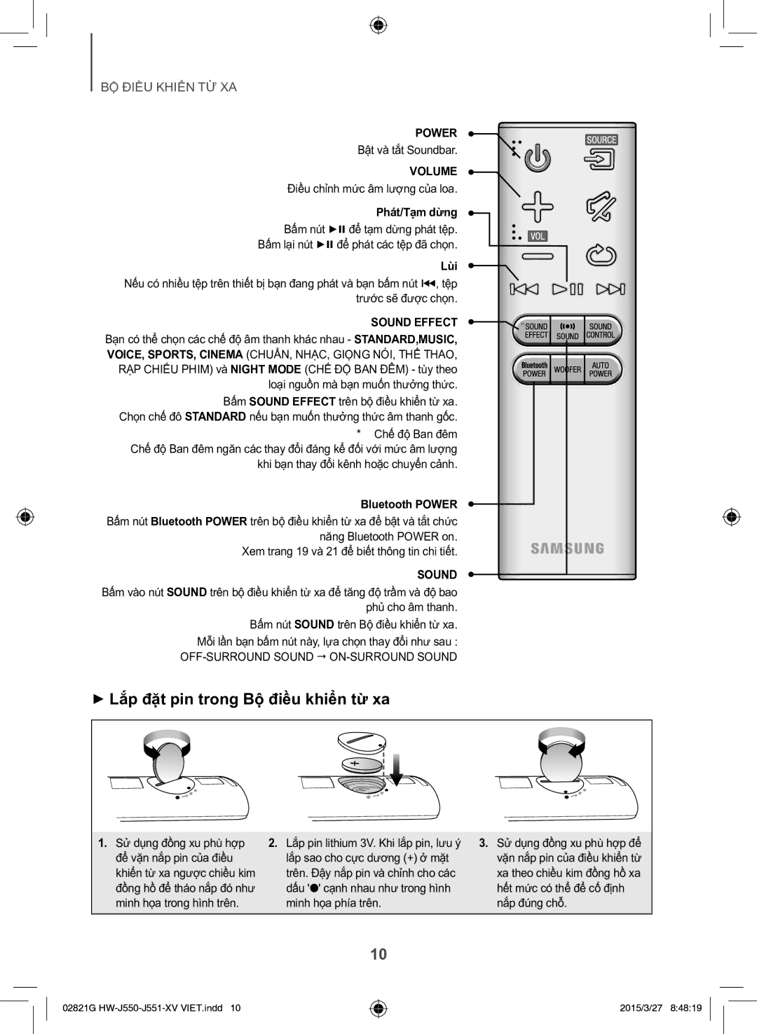 Samsung HW-J551/XV manual ++Lắp đặt pin trong Bộ điều khiển từ xa, Phát/Tạm dừng, Lùi, Bluetooth Power 