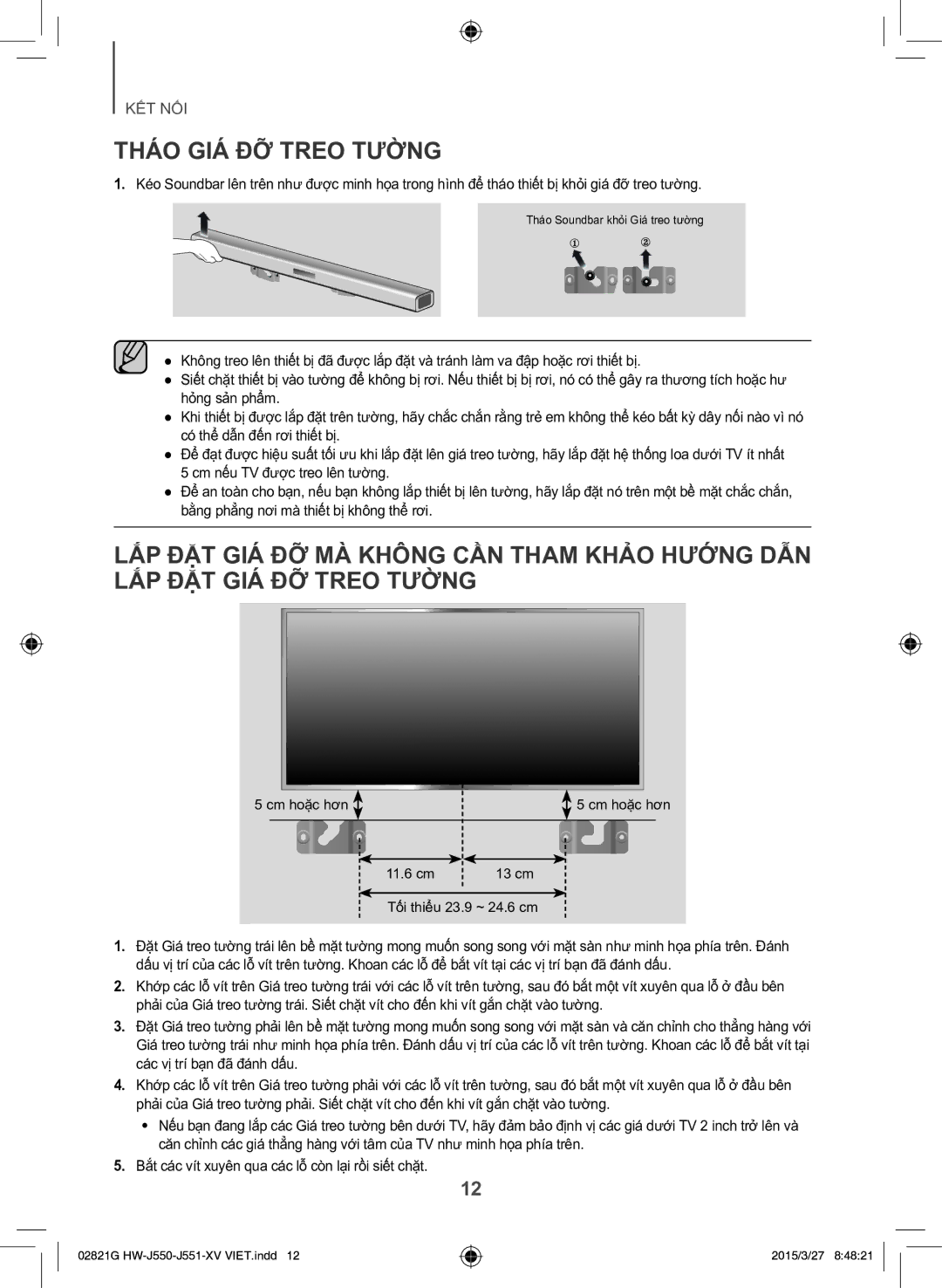 Samsung HW-J551/XV manual THÁO GIÁ ĐỠ Treo Tương, 11.6 cm 13 cm Tối thiểu 23.9 ~ 24.6 cm 