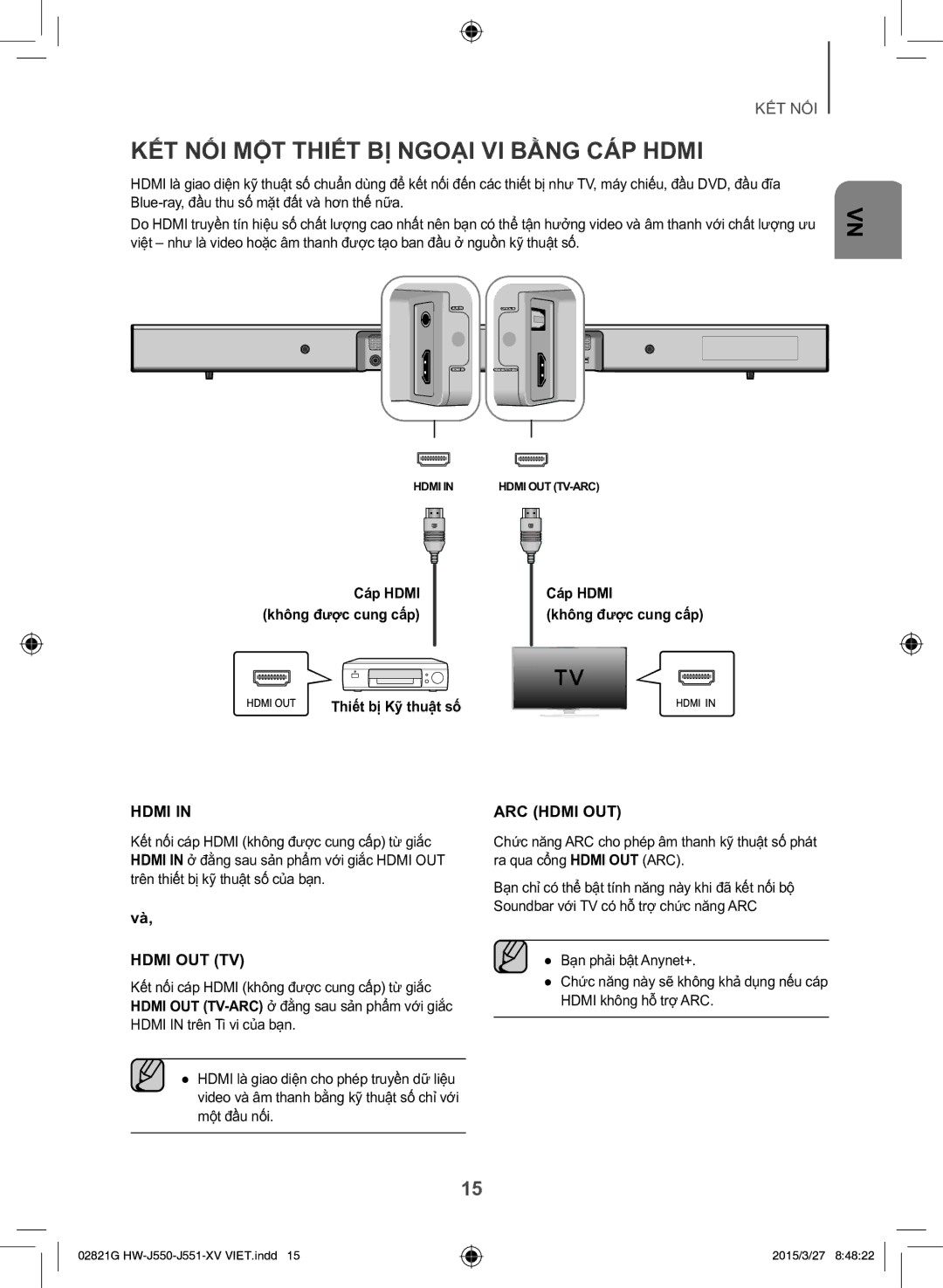 Samsung HW-J551/XV manual KẾ́T NỐI MỘ̣T THIẾ́T BỊ Ngoại VI Bằng CÁ́P Hdmi, Thiết bị Kỹ thuật sô 