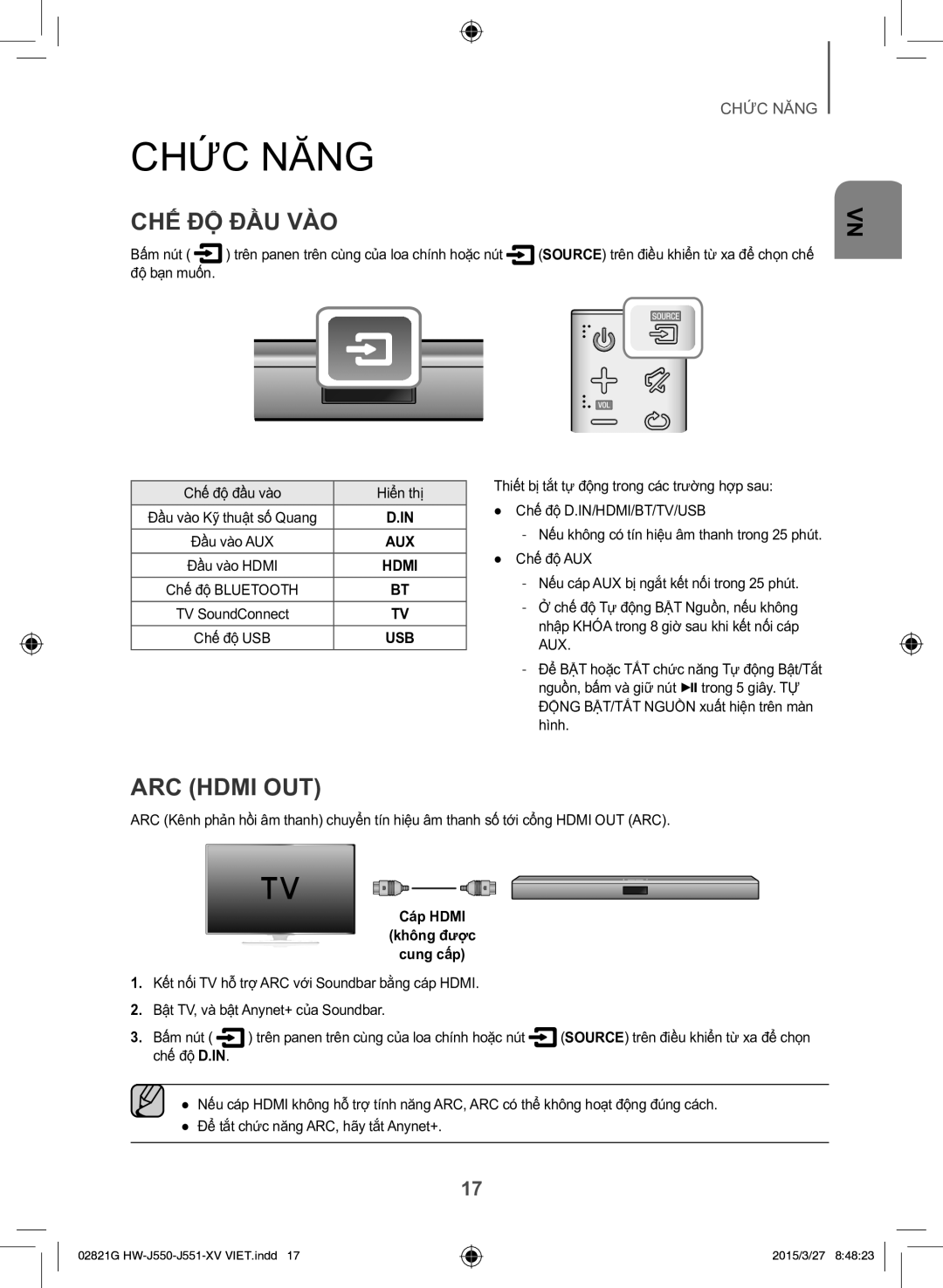 Samsung HW-J551/XV manual Chưc Năng, Chế́ Độ̣ Đầ̀u Và̀o, ARC Hdmi OUT, Bấm nút, Chế độ đầu vào Hiển thị 