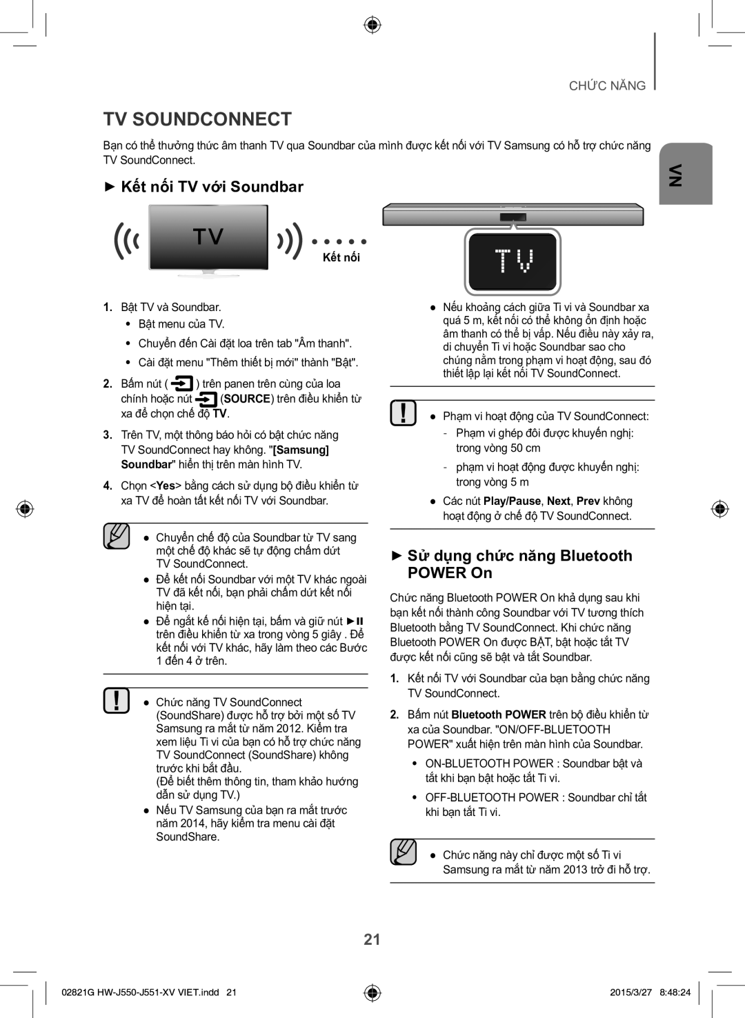 Samsung HW-J551/XV manual TV Soundconnect, ++Kết nôi TV với Soundbar, ++Sử dụng chức năng Bluetooth Power On 
