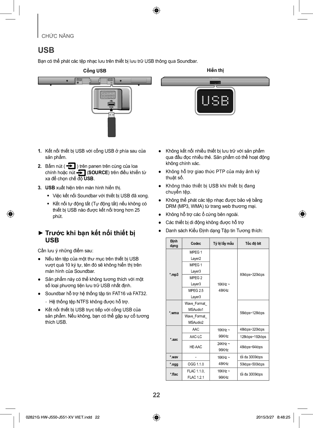 Samsung HW-J551/XV manual Usb, ++Trước khi bạn kết nôi thiết bị, Cổng USB 