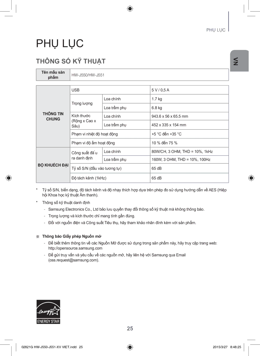 Samsung HW-J551/XV manual Phu Luc, Thông SÔ KY Thuât, Tên mẫu san HW-J550/HW-J551, Aa Thông báo Giấy phép Nguồn mở 