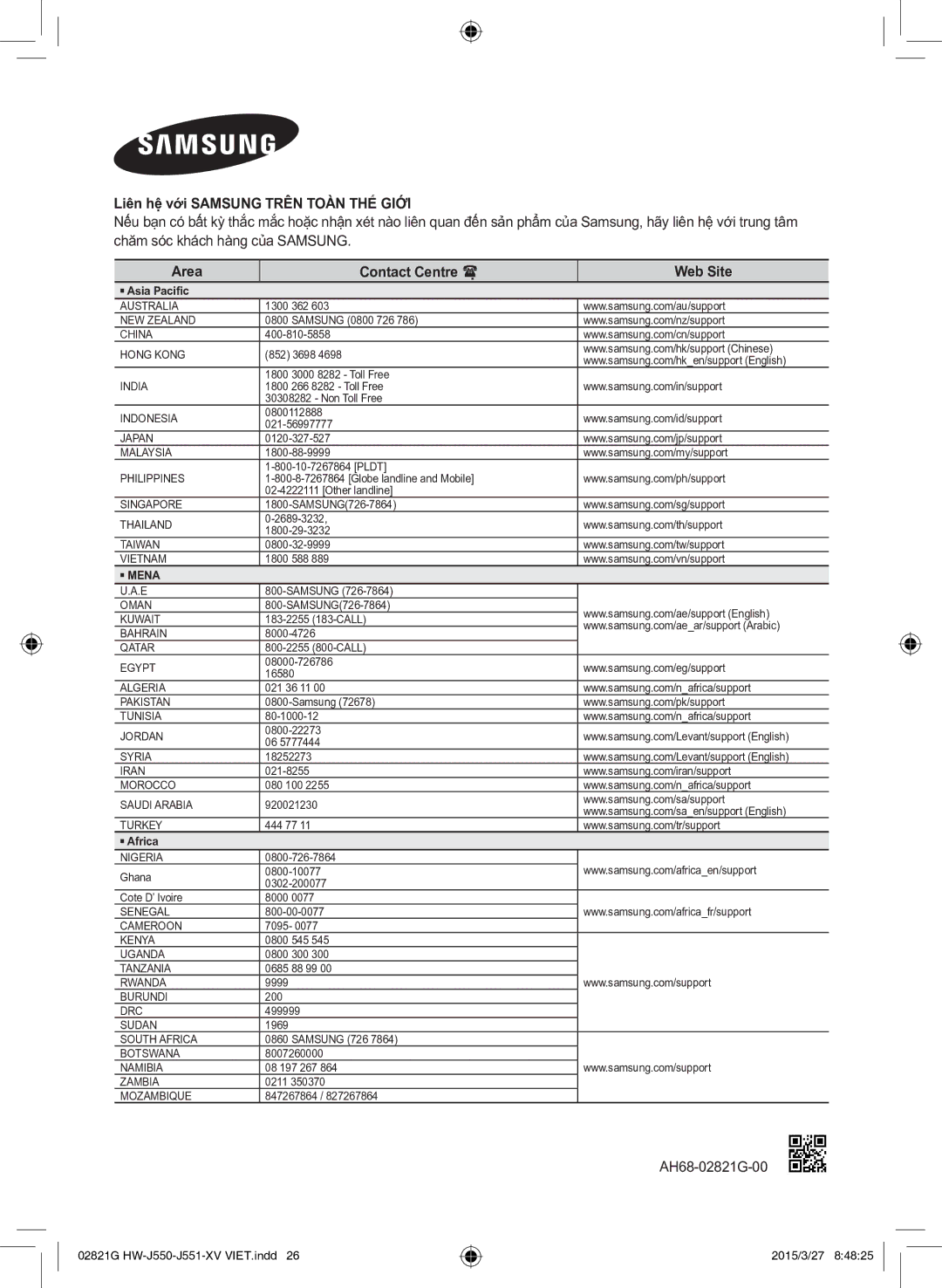 Samsung HW-J551/XV manual Liên hệ̣ vớ́i Samsung Trên TOÀ̀N THẾ́ Giới, Area Contact Centre ̣ Web Site, AH68-02821G-00 