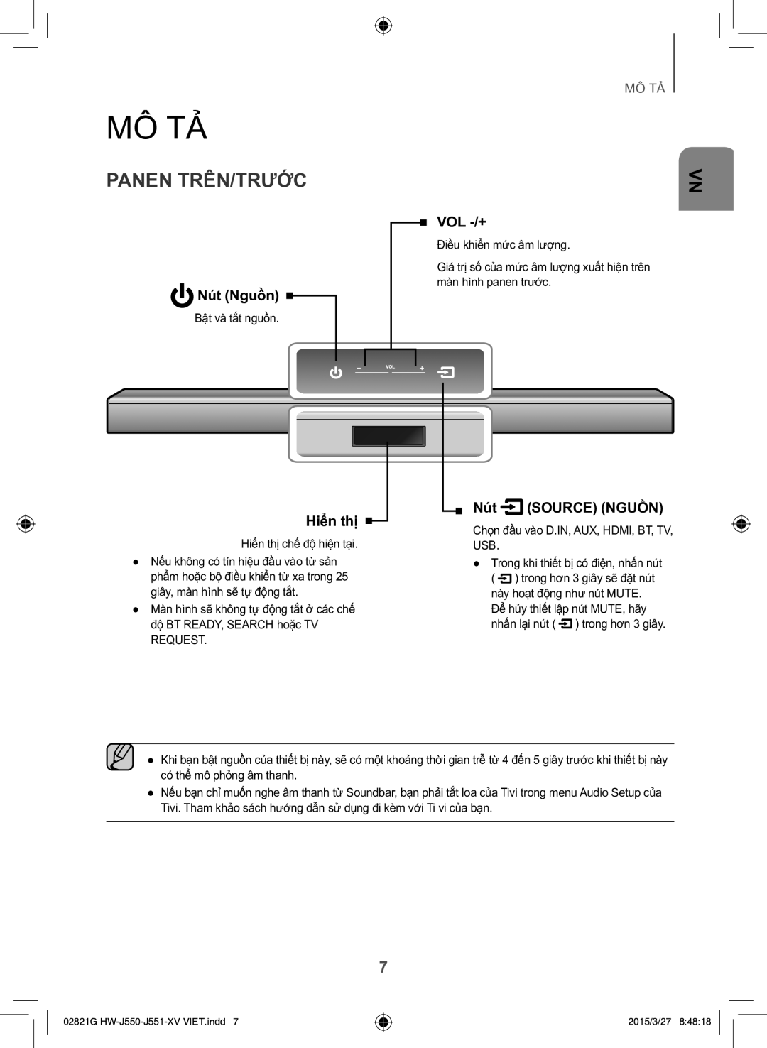 Samsung HW-J551/XV manual Mô Tả, Panen TRÊN/TRƯƠC, Bật và tắt nguồn, Hiển thị chế độ hiện tại 