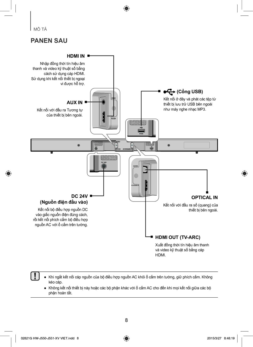 Samsung HW-J551/XV manual Panen SAU, Nhập đồng thời tín hiệu âm, Cách sư dụng cáp Hdmi, Vi được hô trợ 