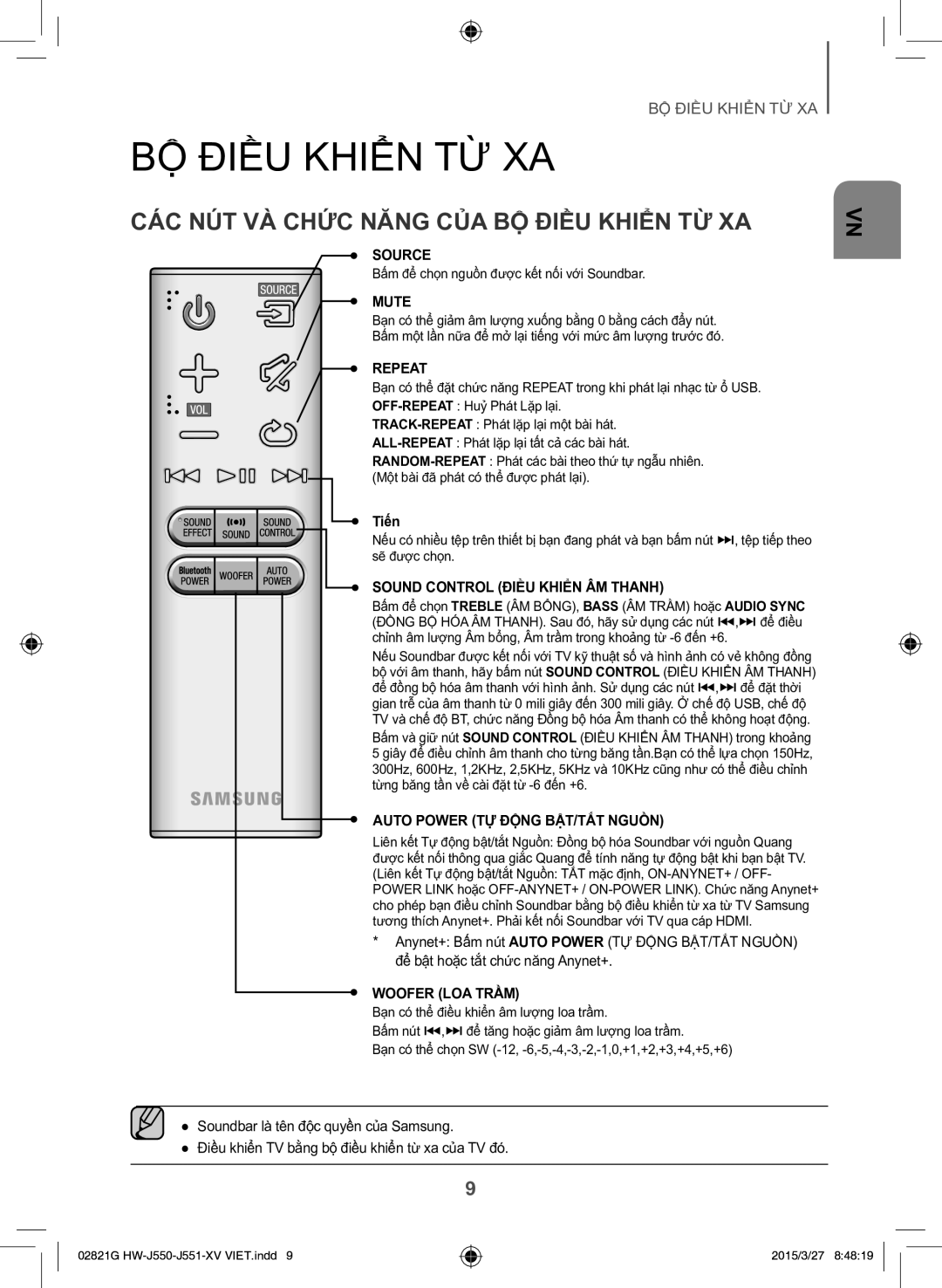 Samsung HW-J551/XV manual BÔ Điêu Khiên TƯ XA, CÁC NÚT VÀ Chưc Năng CỦA BỘ Điêu KHIỂN TỪ XA, Tiến 