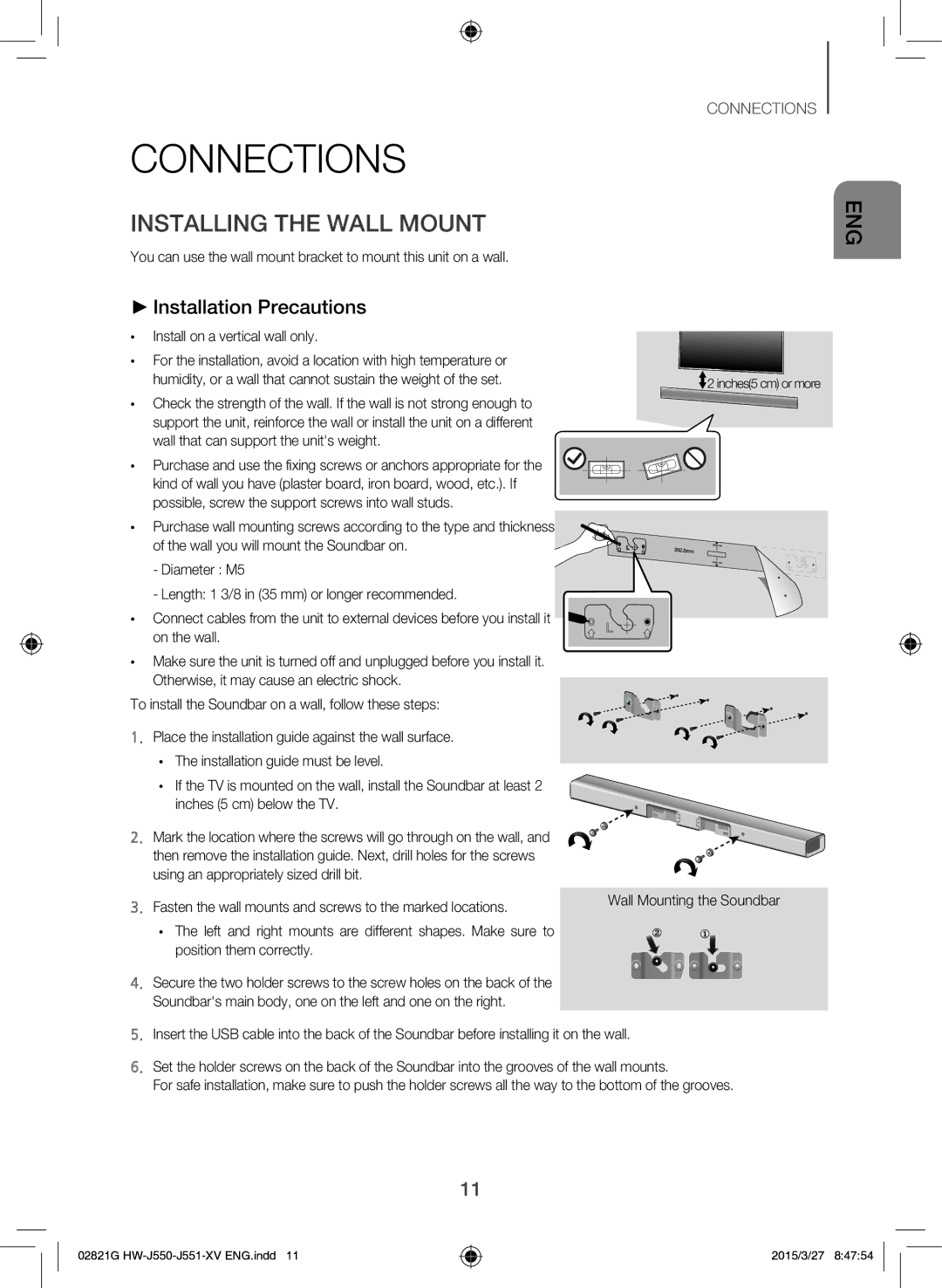 Samsung HW-J551/XV manual Connections, Installing the Wall Mount, Installation Precautions 