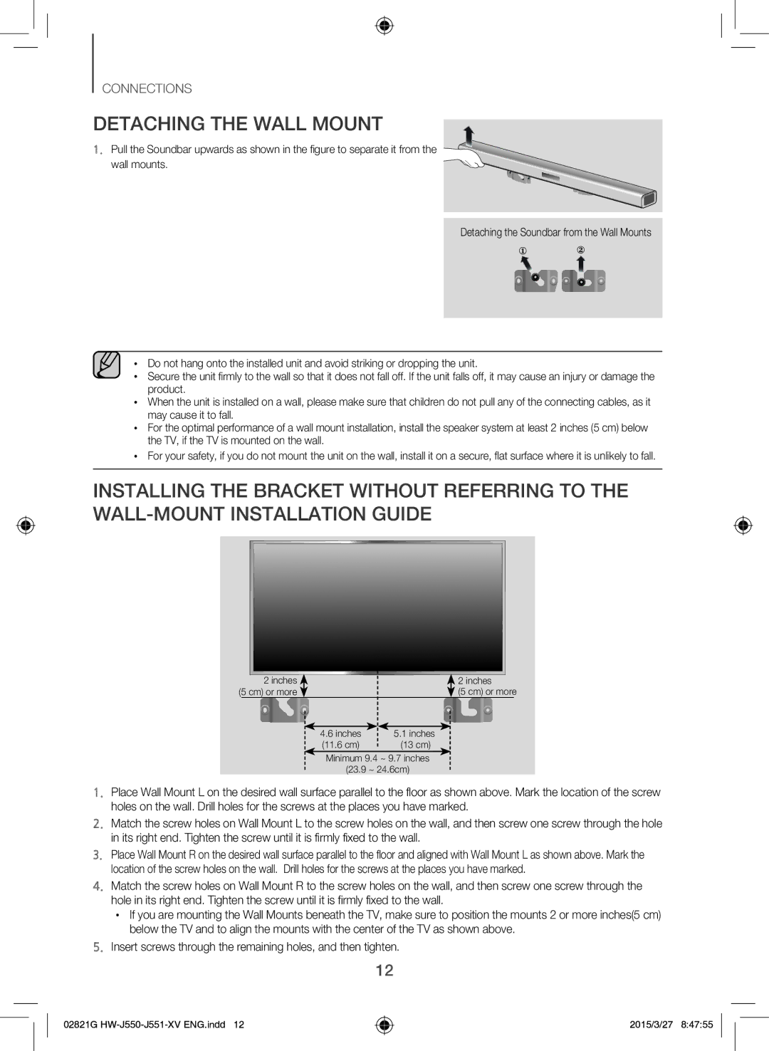 Samsung HW-J551/XV manual Detaching the Wall Mount, Insert screws through the remaining holes, and then tighten 