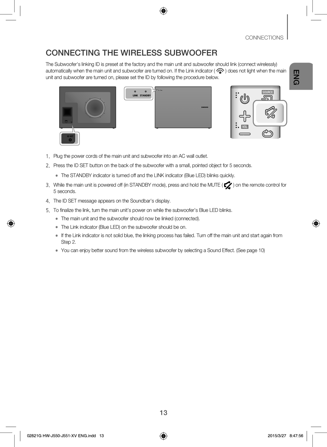 Samsung HW-J551/XV manual Connecting the Wireless Subwoofer 