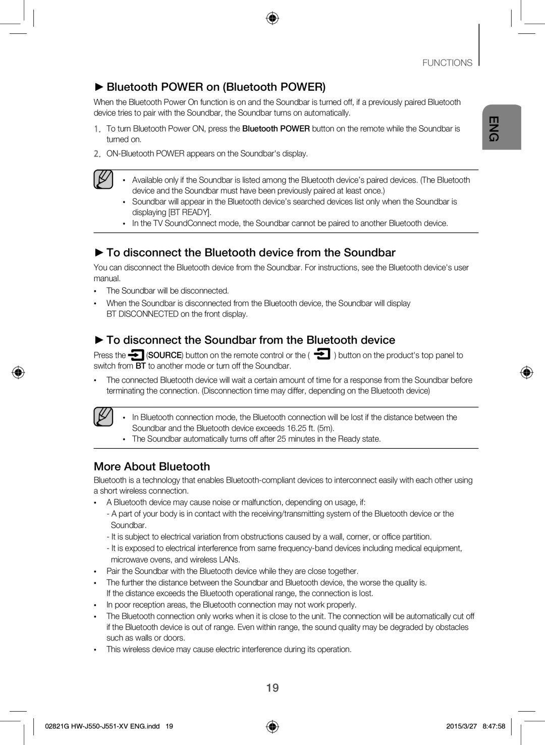 Samsung HW-J551/XV manual Bluetooth Power on Bluetooth Power, To disconnect the Bluetooth device from the Soundbar 