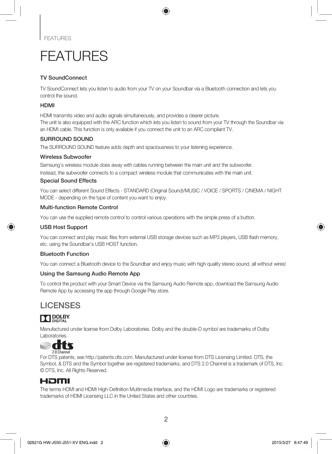 Samsung HW-J551/XV manual Features, Licenses 