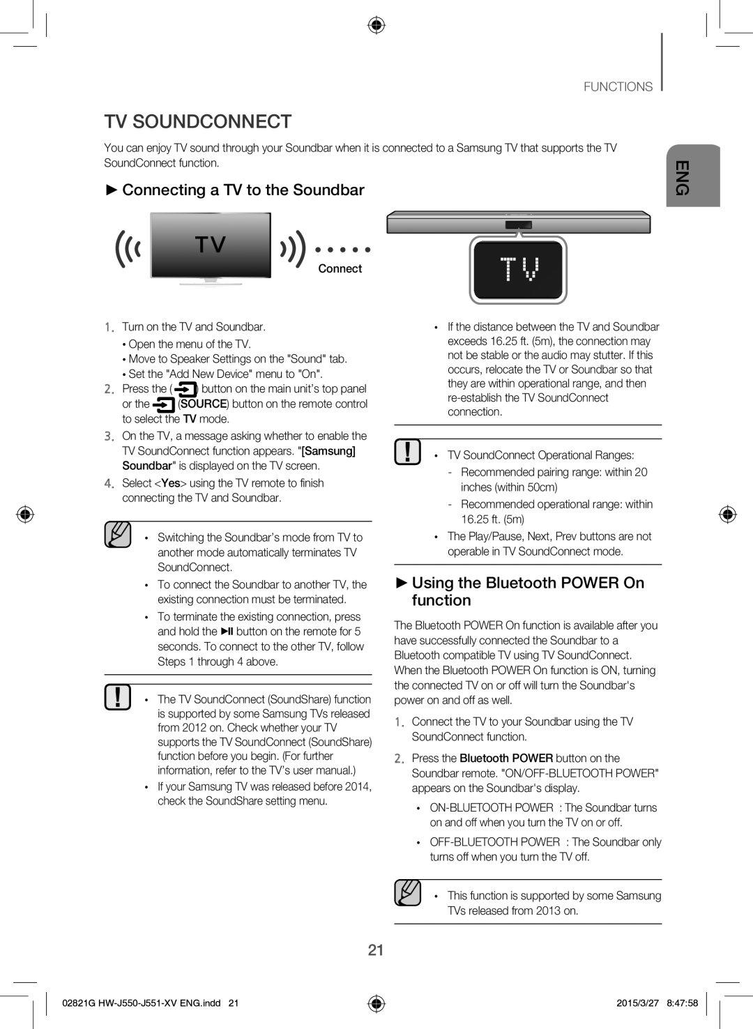 Samsung HW-J551/XV manual TV Soundconnect, Connecting a TV to the Soundbar, Using the Bluetooth Power On function 