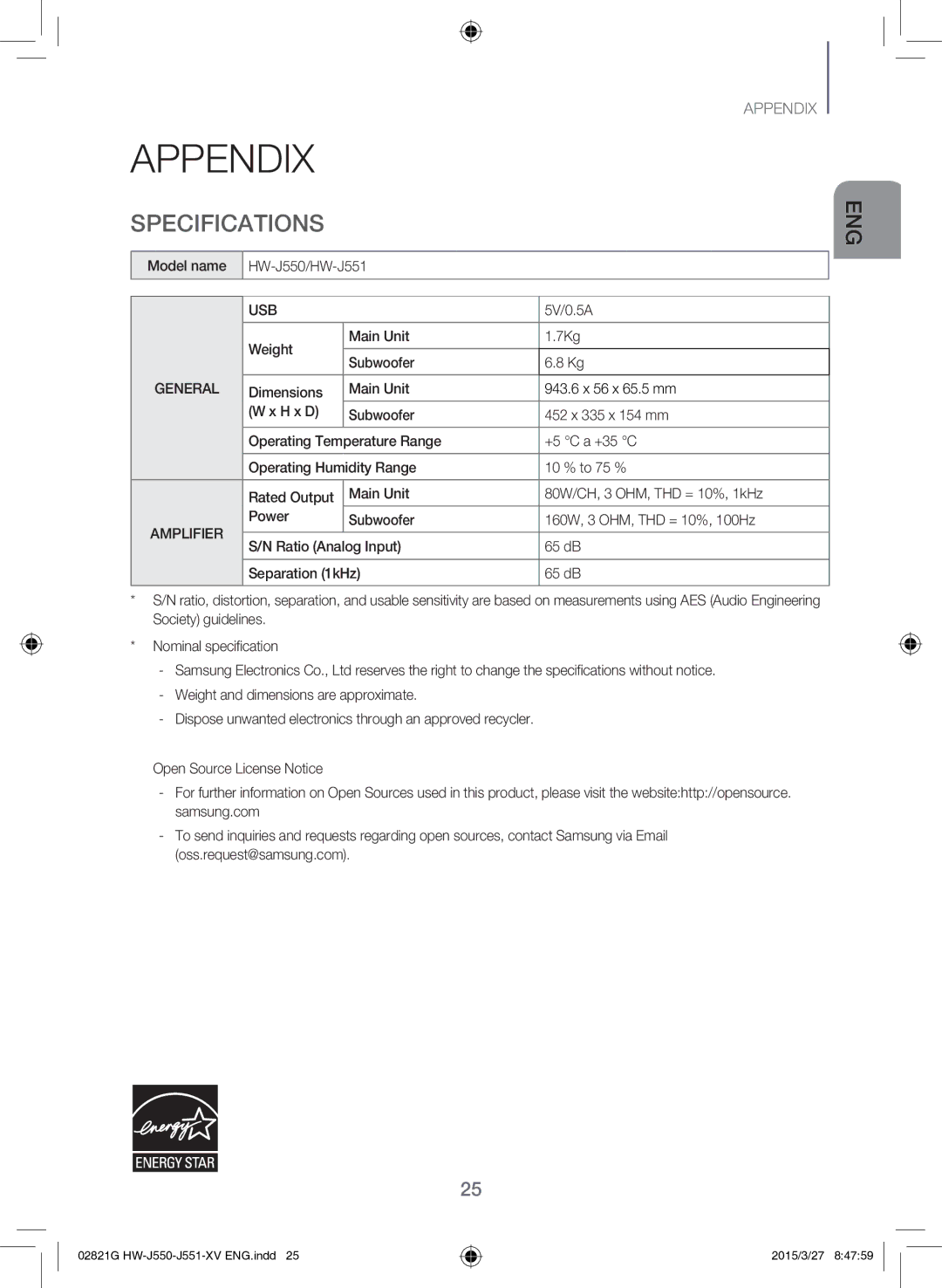 Samsung HW-J551/XV manual Appendix, Specifications, Model name HW-J550/HW-J551, 5V/0.5A, Weight Main Unit 7Kg Subwoofer 