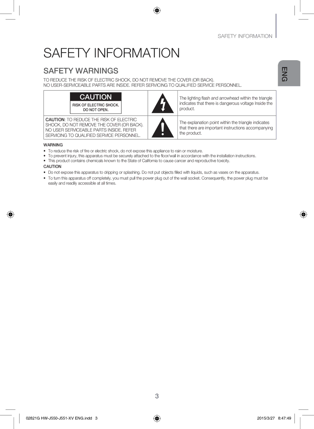 Samsung HW-J551/XV manual Safety Information, Safety Warnings 