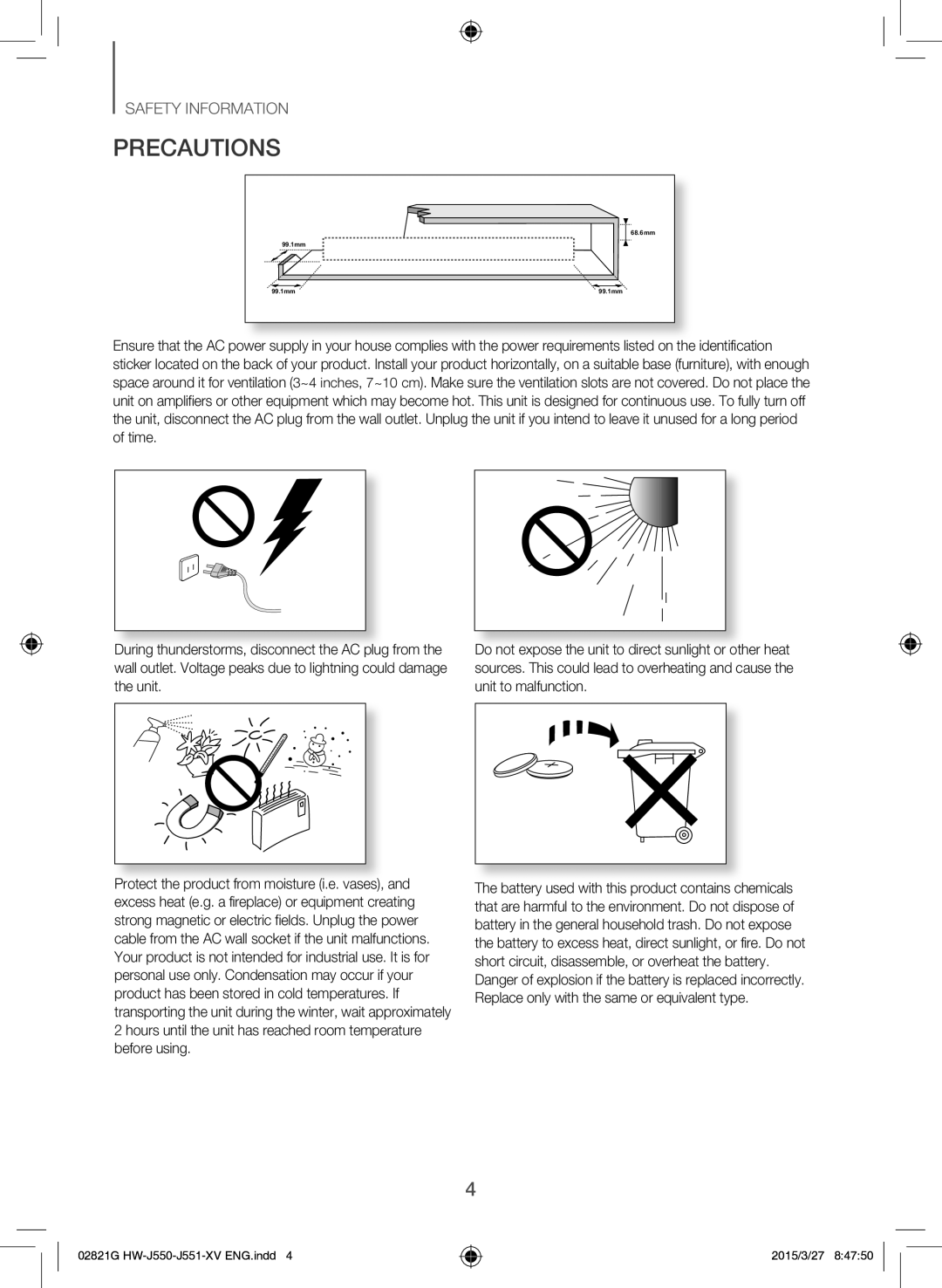 Samsung HW-J551/XV manual Precautions 