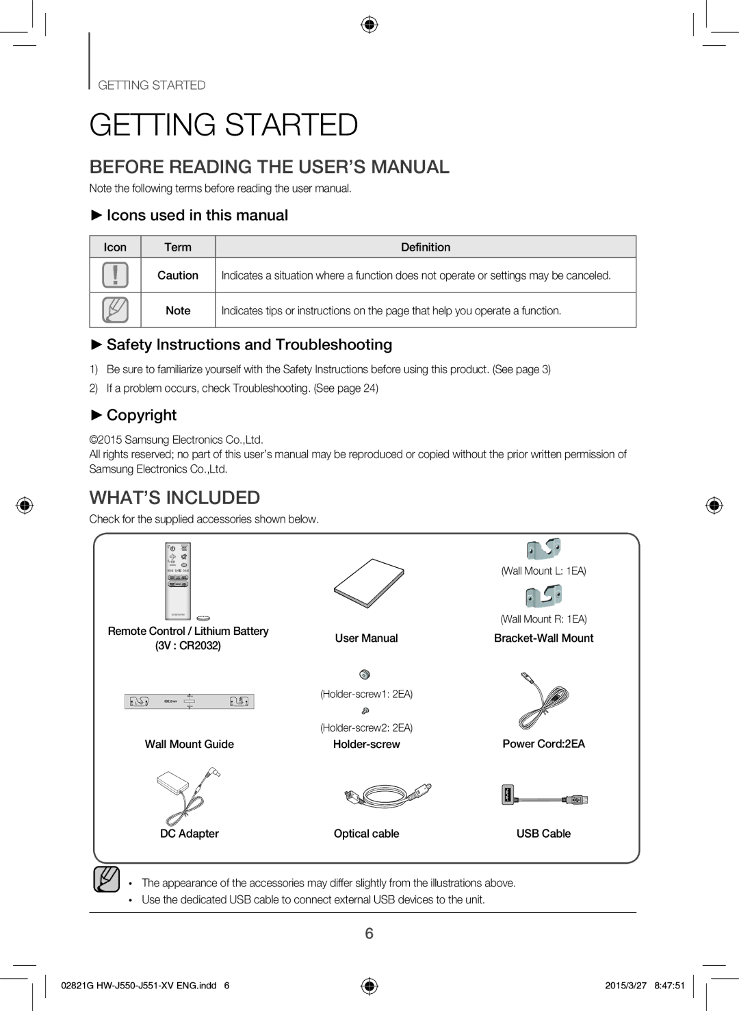 Samsung HW-J551/XV manual Getting Started, Before Reading the USER’S Manual, WHAT’S Included 