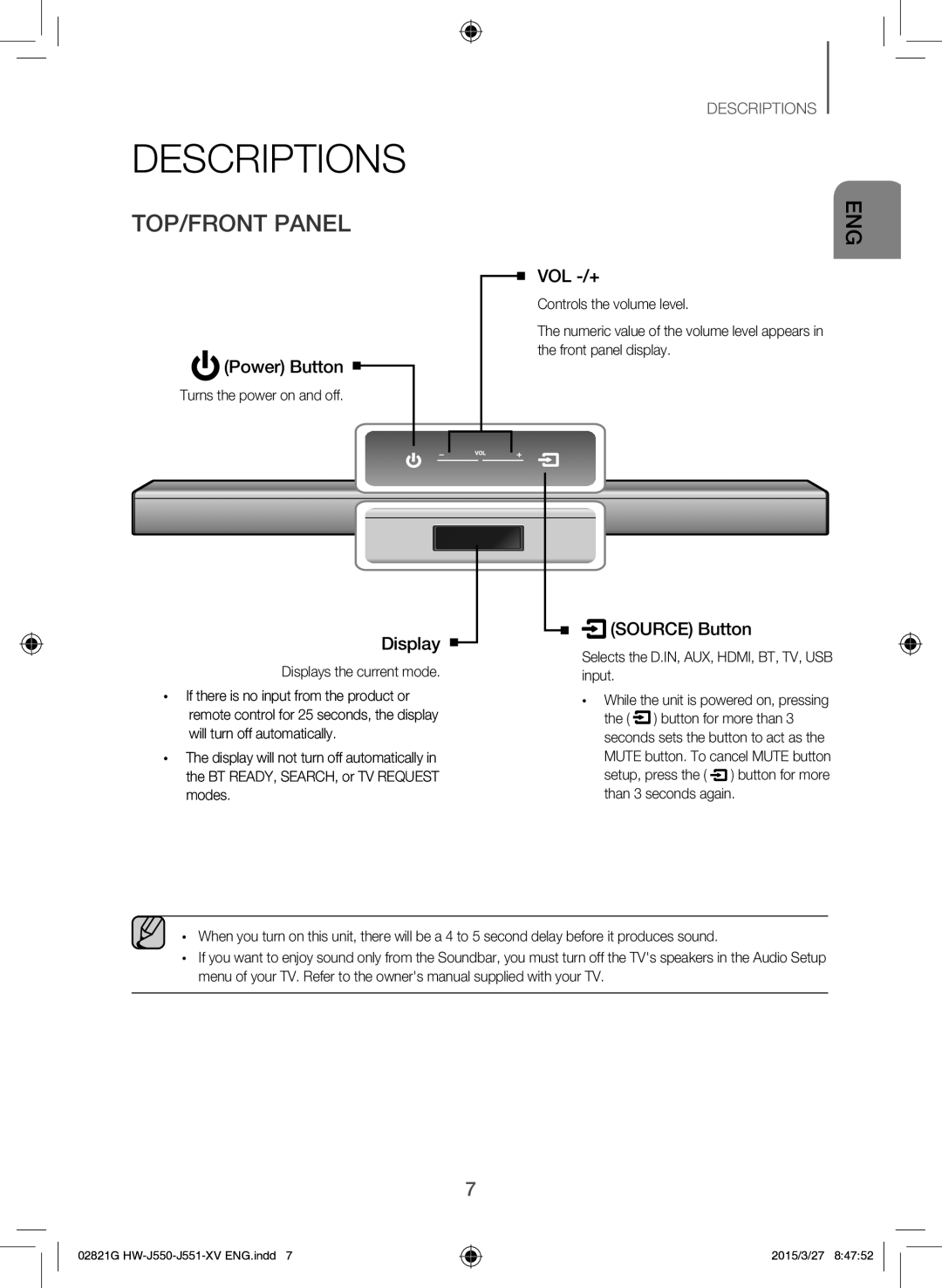 Samsung HW-J551/XV manual Descriptions, TOP/FRONT Panel, Turns the power on and off 