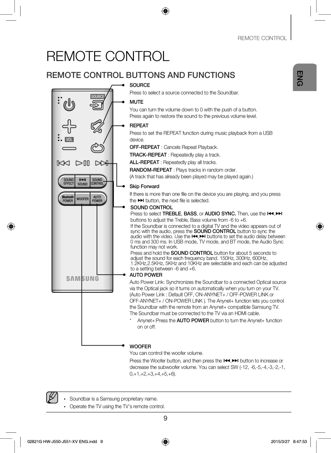 Samsung HW-J551/XV manual Remote Control Buttons and Functions, Press to select a source connected to the Soundbar 