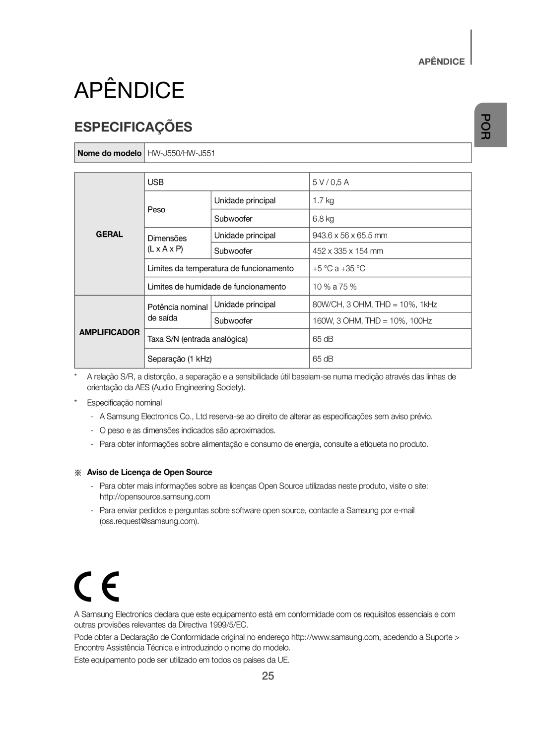 Samsung HW-J550/ZF, HW-J551/ZF manual Apêndice, Especificações, Aa Aviso de Licença de Open Source 