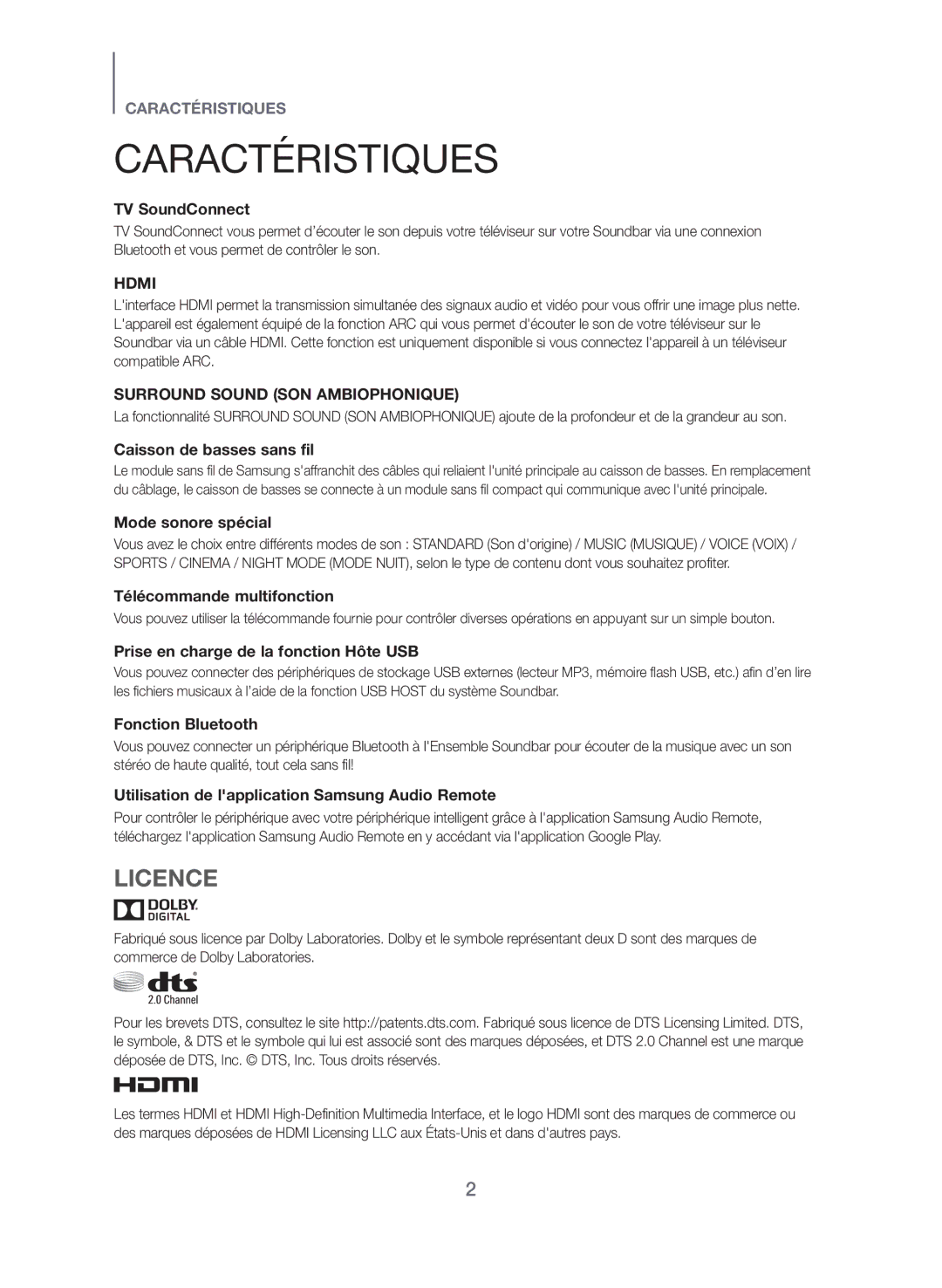 Samsung HW-J551/ZF, HW-J550/ZF manual Caractéristiques, Licence 