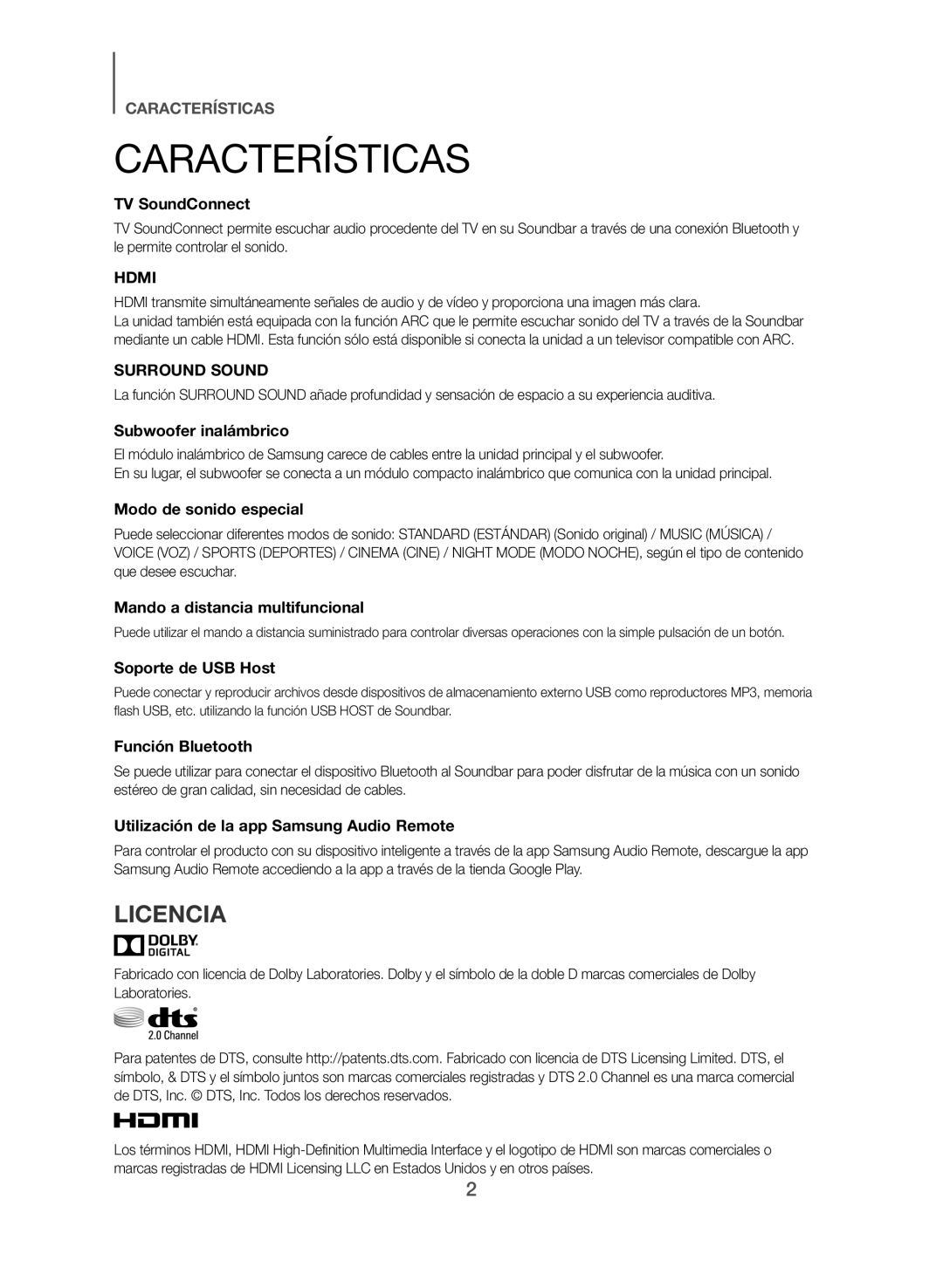 Samsung HW-J551/ZF, HW-J550/ZF manual Características, Licencia 