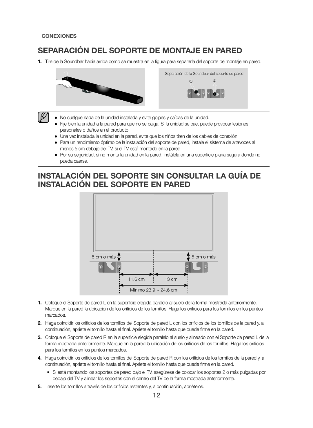 Samsung HW-J551/ZF, HW-J550/ZF manual Separación DEL Soporte DE Montaje EN Pared 