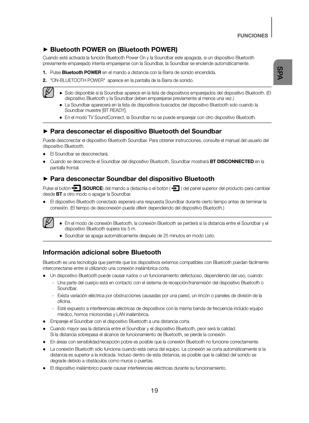 Samsung HW-J550/ZF manual ++Para desconectar el dispositivo Bluetooth del Soundbar, Información adicional sobre Bluetooth 