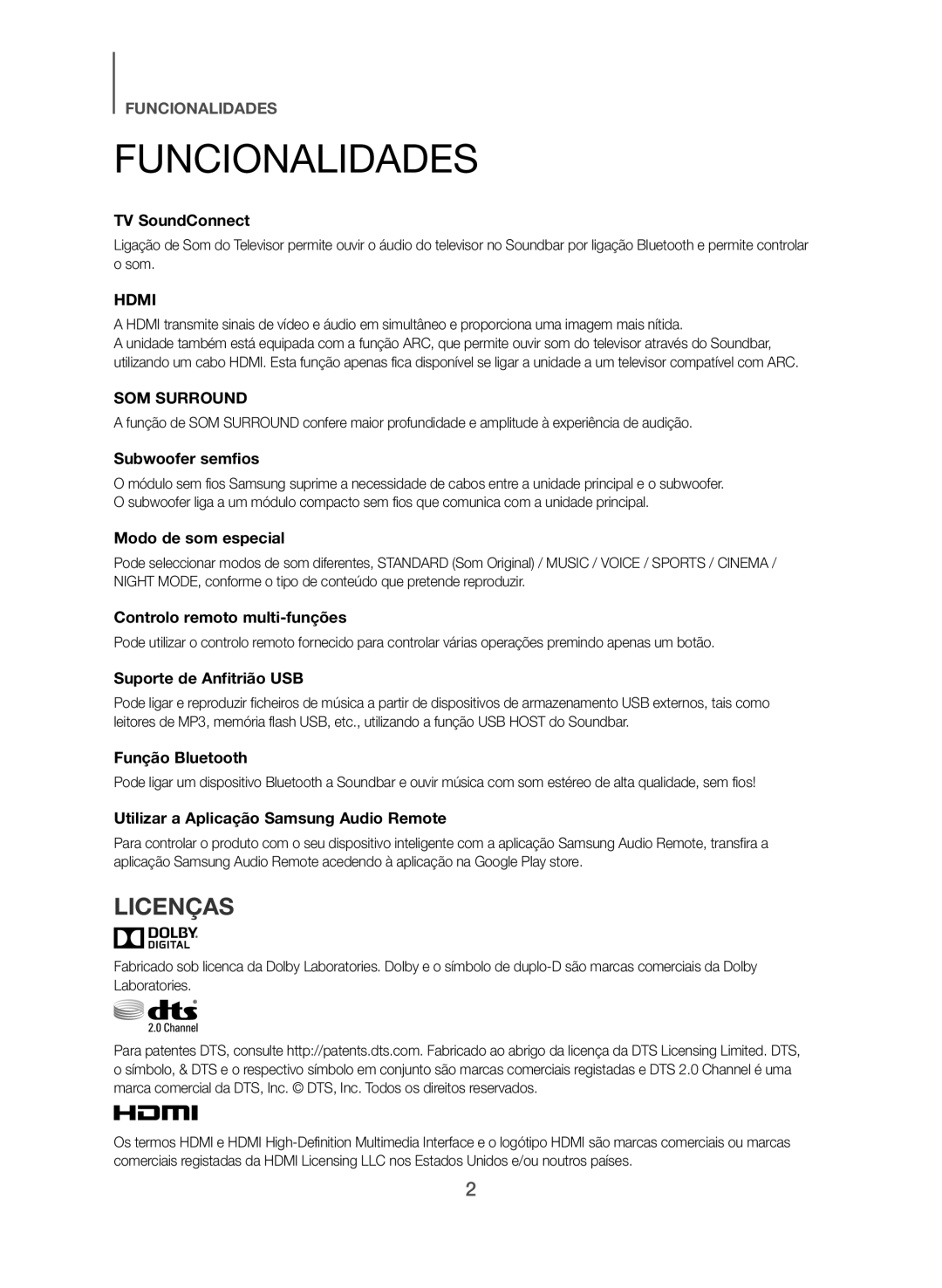 Samsung HW-J551/ZF, HW-J550/ZF manual Funcionalidades, Licenças 