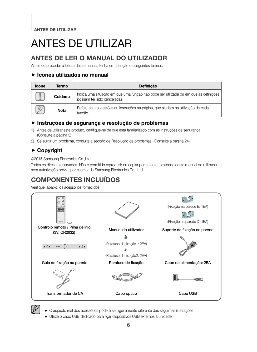 Samsung HW-J551/ZF, HW-J550/ZF manual Antes DE Utilizar, Antes DE LER O Manual do Utilizador, Componentes Incluídos 