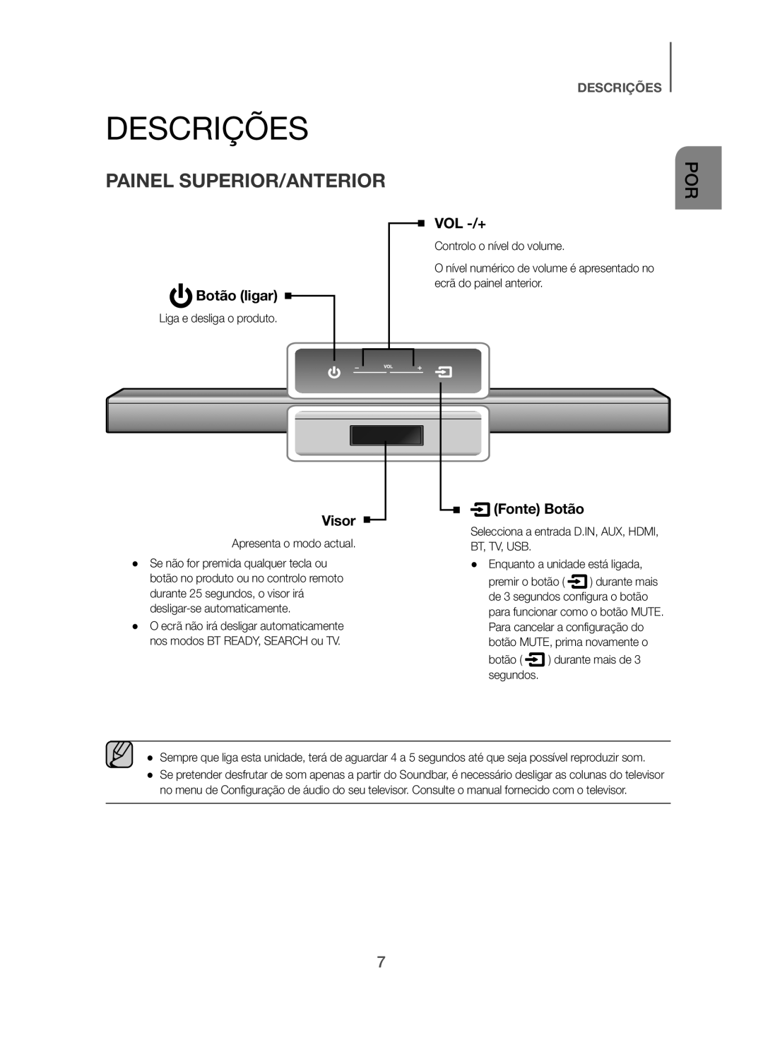 Samsung HW-J550/ZF, HW-J551/ZF Descrições, Painel SUPERIOR/ANTERIOR, Liga e desliga o produto, Apresenta o modo actual 