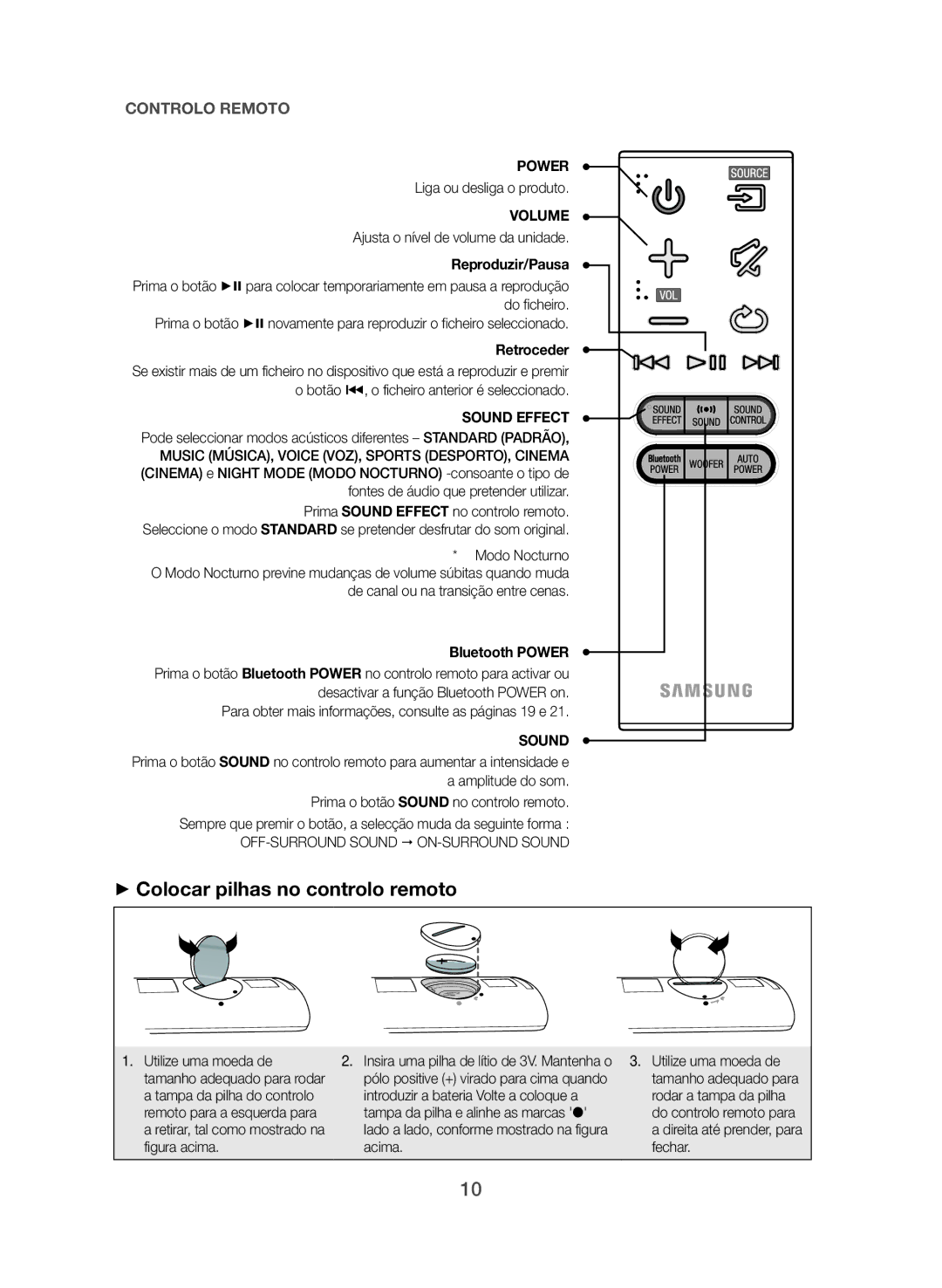 Samsung HW-J551/ZF ++Colocar pilhas no controlo remoto, Liga ou desliga o produto, Ajusta o nível de volume da unidade 