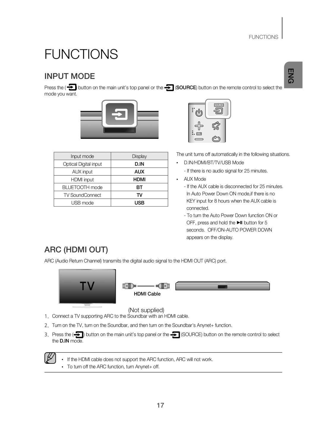 Samsung HW-J560/XE, HW-J561/XE manual Functions, Input Mode, ARC Hdmi OUT, Input mode Display 