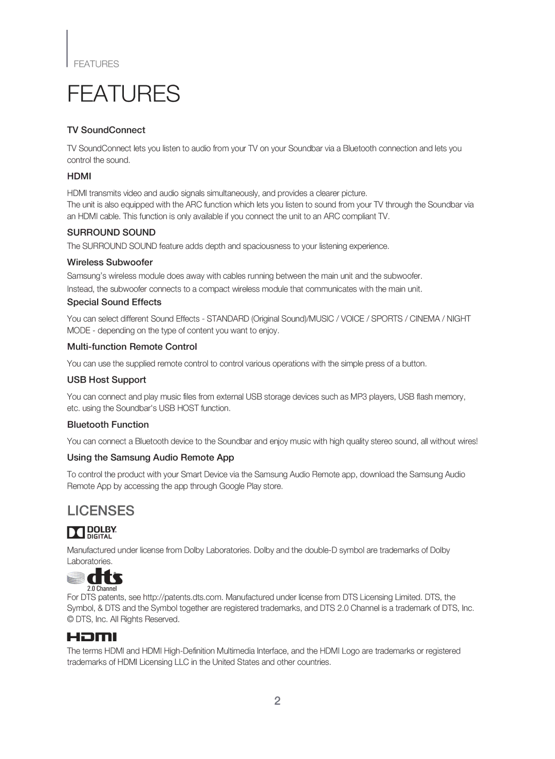 Samsung HW-J561/XE, HW-J560/XE manual Features, Licenses 