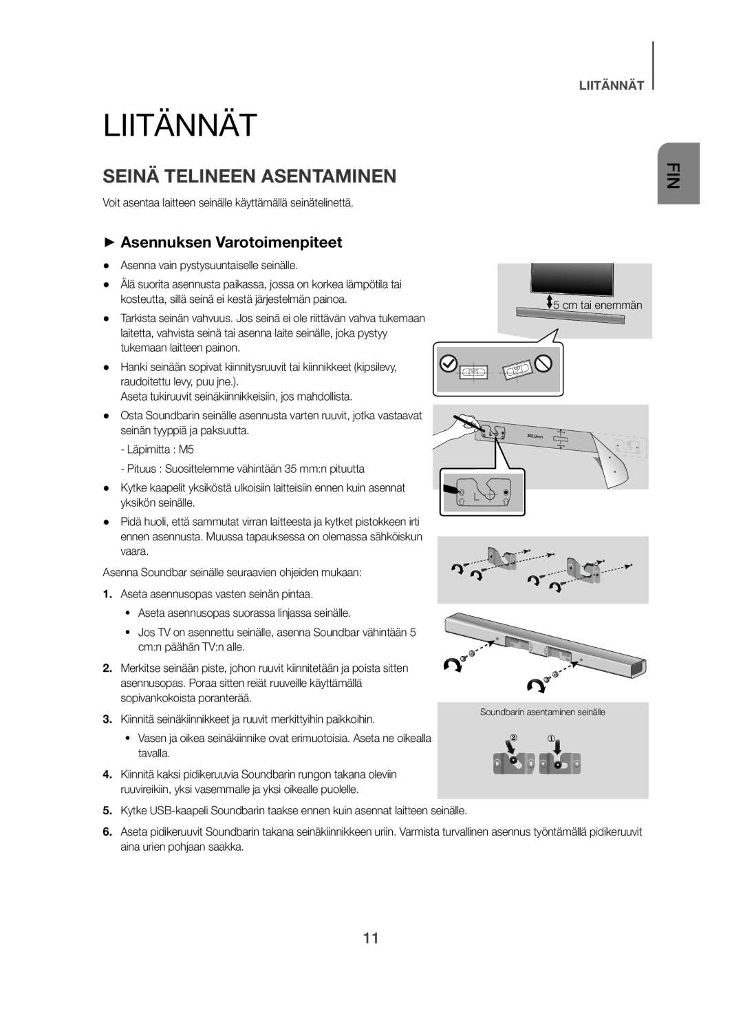 Samsung HW-J560/XE, HW-J561/XE manual Liitännät, Seinä Telineen Asentaminen, ++Asennuksen Varotoimenpiteet 