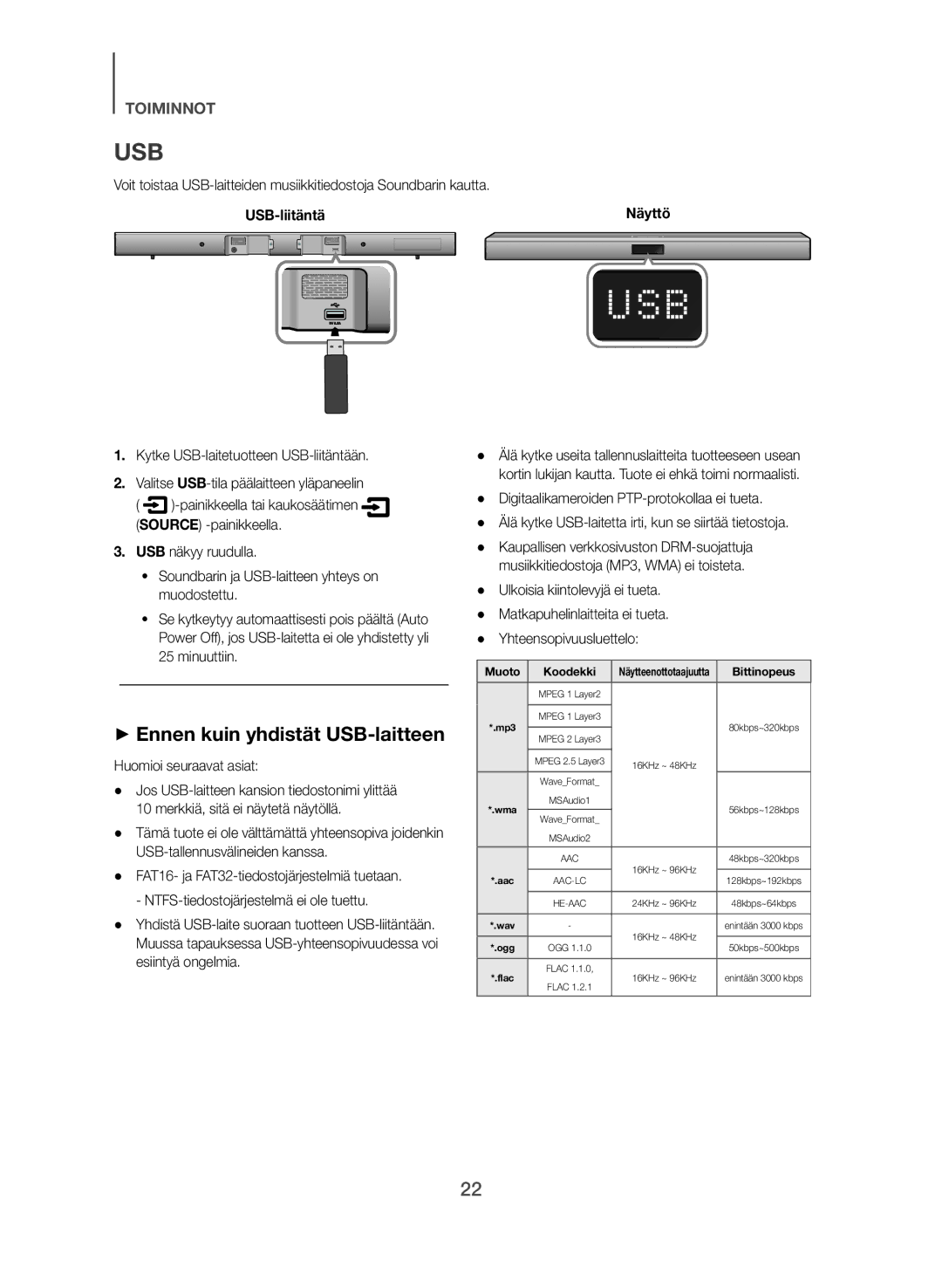 Samsung HW-J561/XE, HW-J560/XE manual Usb, ++Ennen kuin yhdistät USB-laitteen, USB-liitäntä, Huomioi seuraavat asiat 