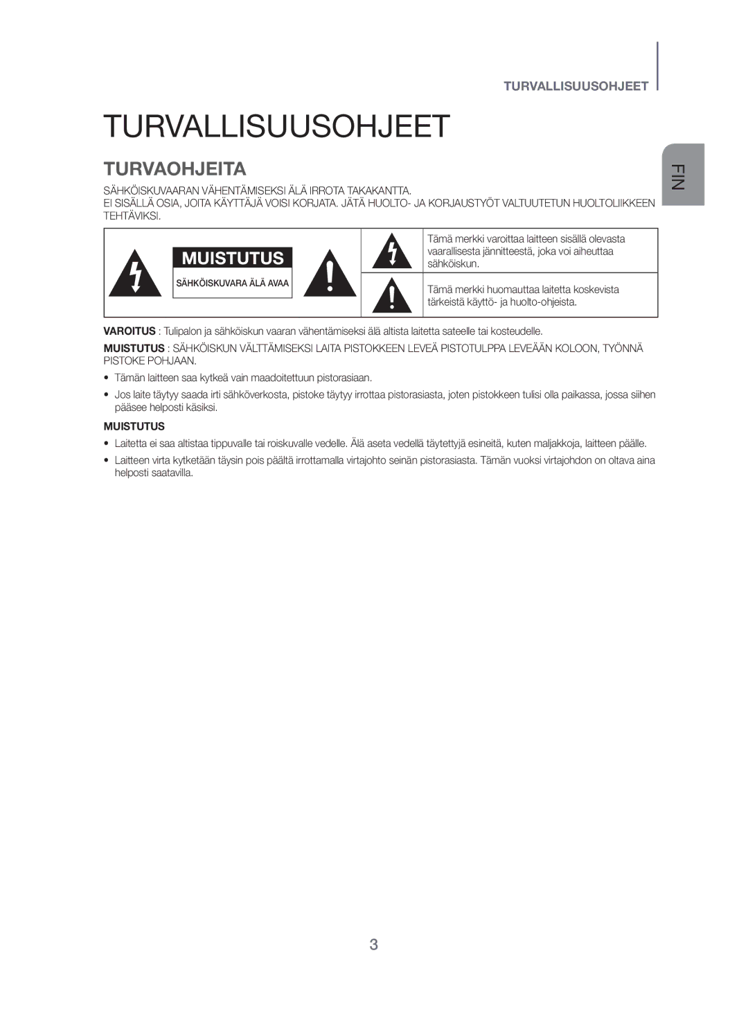 Samsung HW-J560/XE, HW-J561/XE manual Turvallisuusohjeet, Turvaohjeita 