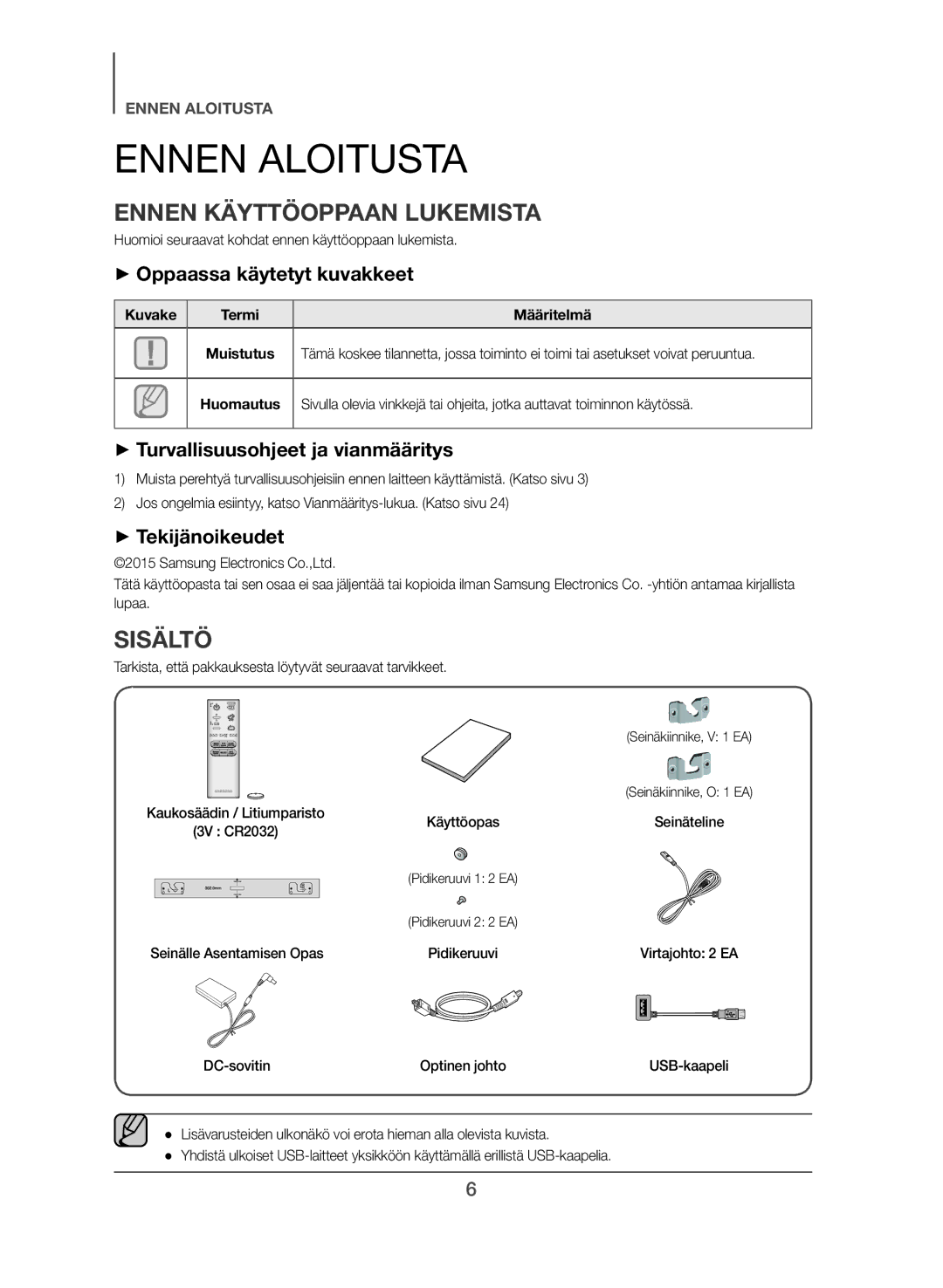 Samsung HW-J561/XE, HW-J560/XE manual Ennen Aloitusta, Ennen Käyttöoppaan Lukemista, Sisältö 