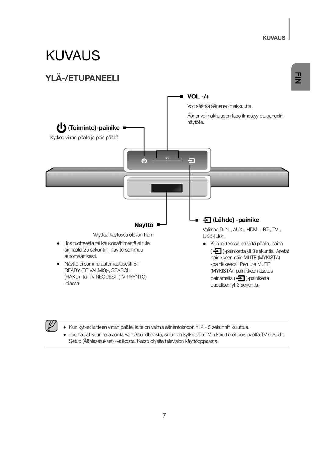 Samsung HW-J560/XE, HW-J561/XE manual Kuvaus, Ylä-/Etupaneeli, Kytkee virran päälle ja pois päältä, USB-tulon 