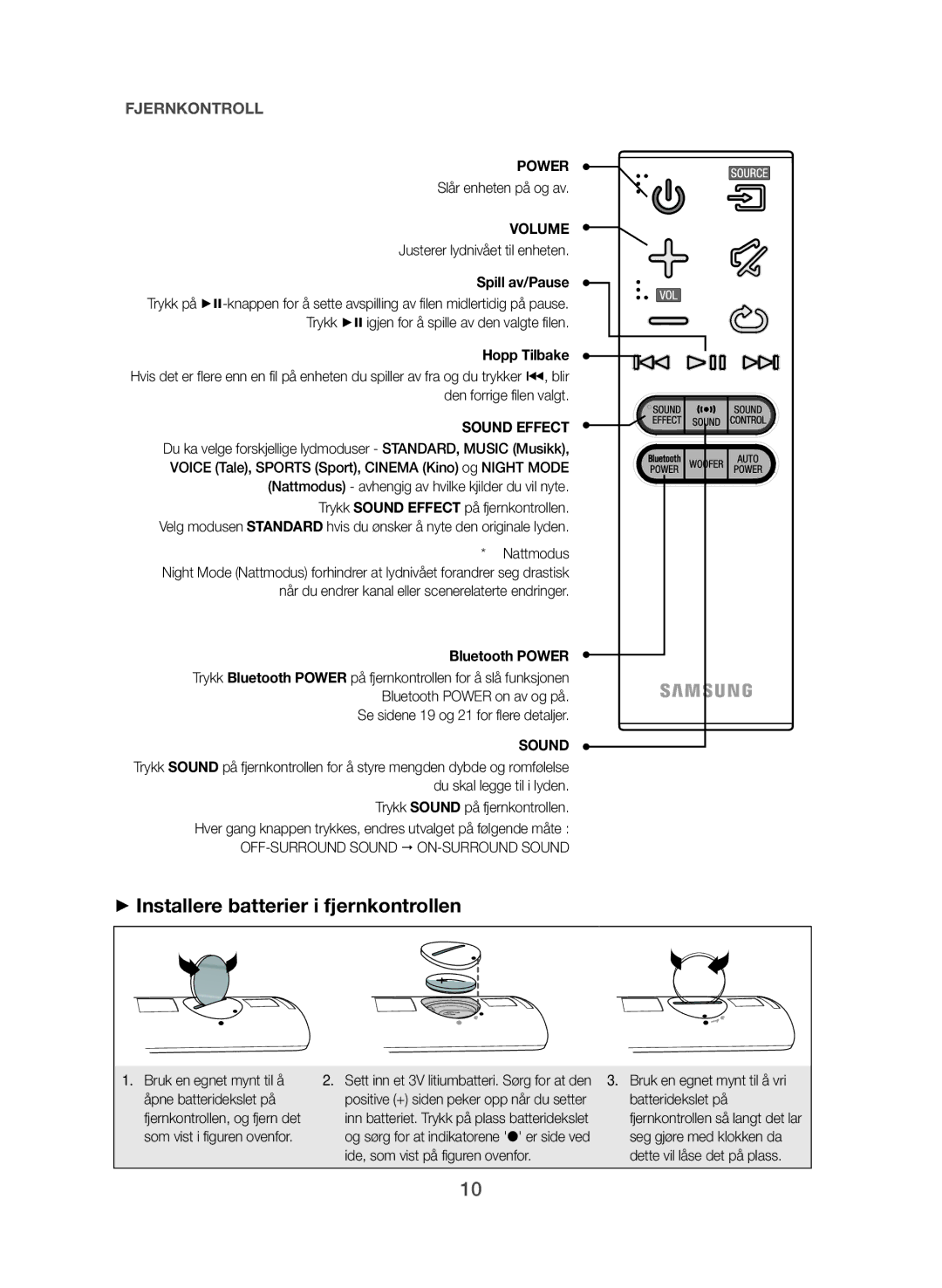 Samsung HW-J561/XE, HW-J560/XE manual ++Installere batterier i fjernkontrollen, Spill av/Pause, Hopp Tilbake 