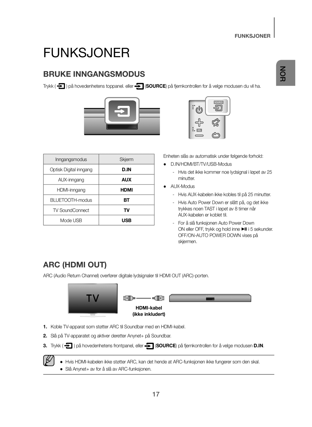 Samsung HW-J560/XE manual Funksjoner, Bruke Inngangsmodus, ARC Hdmi OUT, Inngangsmodus Skjerm, HDMI-kabel Ikke inkludert 